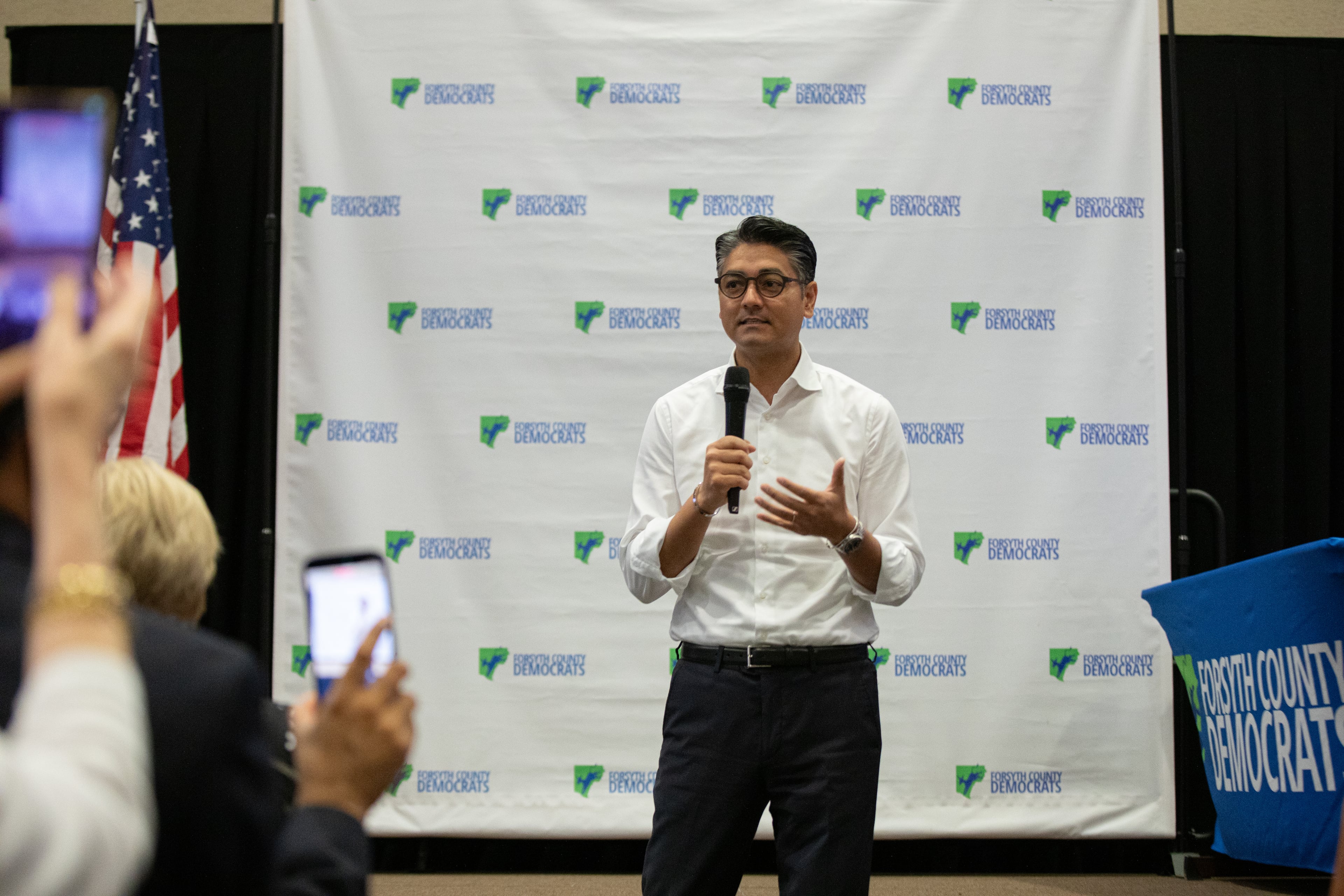 Cincinnati Mayor Aftab Pureval speaks at a Forsyth County Democrats event at the Forsyth Conference Center on Oct. 2, 2026. (Riley Bunch/AJC)