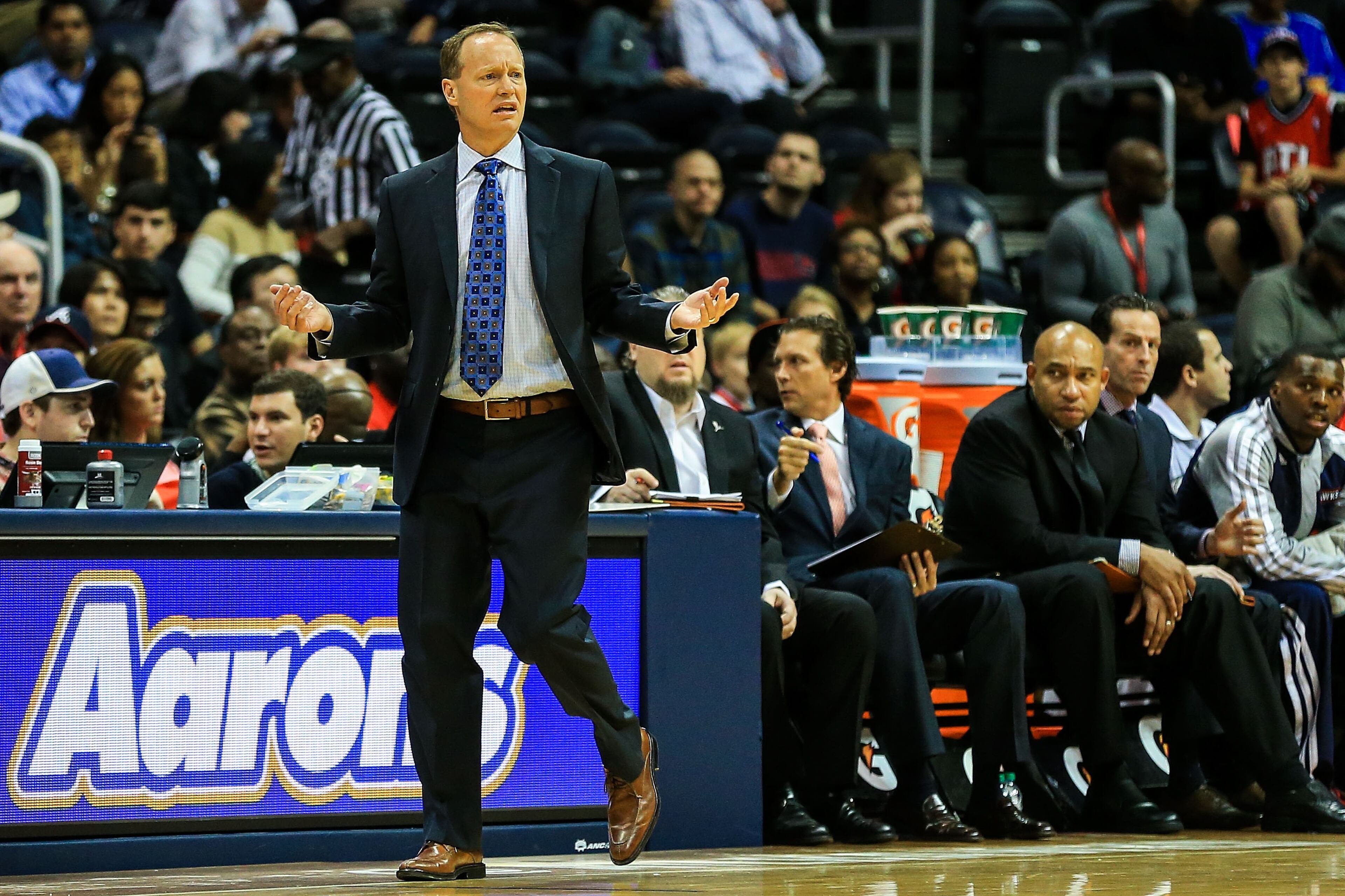 Atlanta Hawks head coach Mike Budenholzer reacts to a play in the first quarter against the Cleveland Cavaliers at Philips Arena.