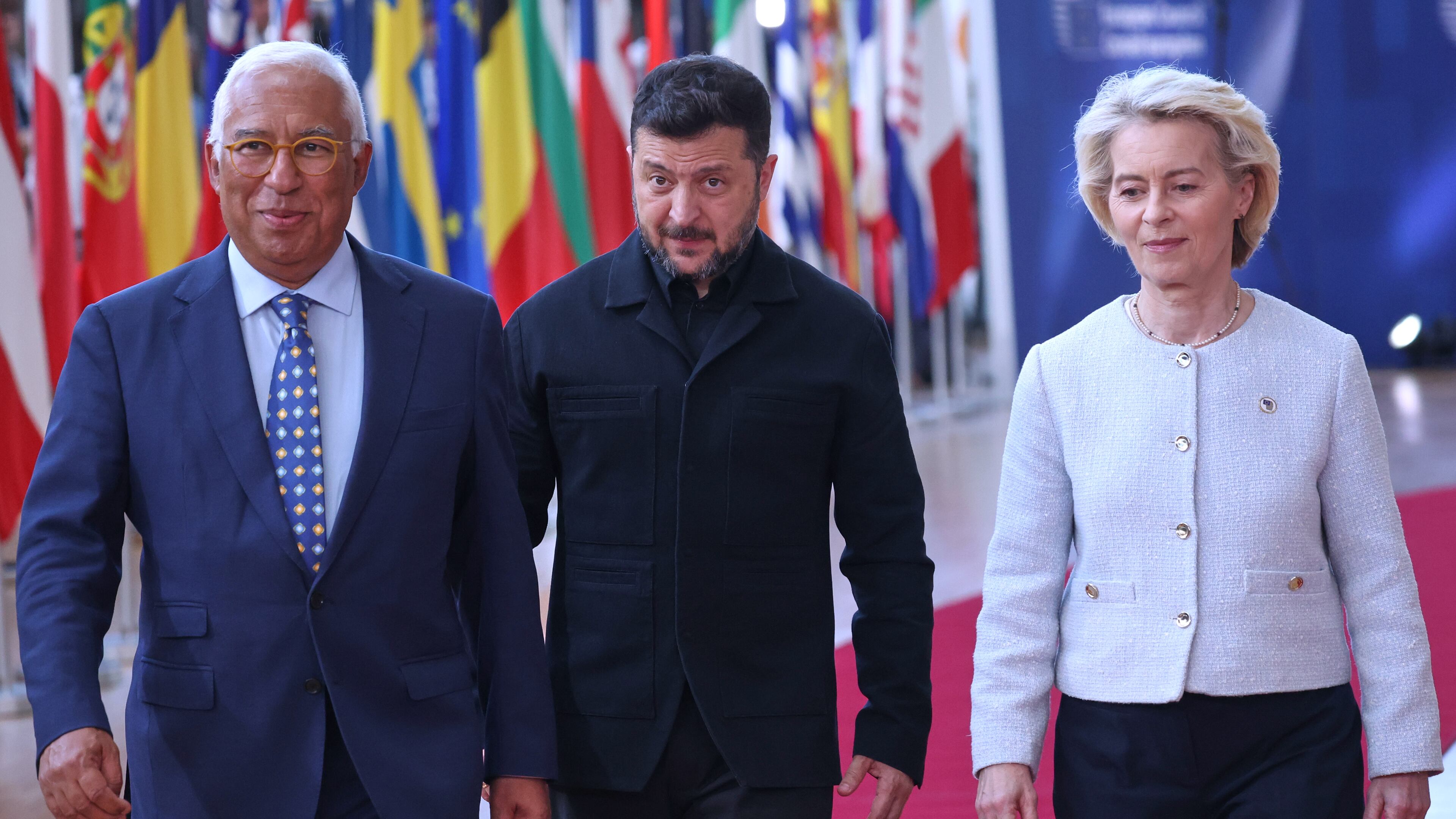 From left, European Council President Antonio Costa, Ukraine's President Volodymyr Zelenskyy and European Commission President Ursula von der Leyen arrive for the EU summit in Brussels, Thursday, June 18, 2026. (AP Photo/Omar Havana)