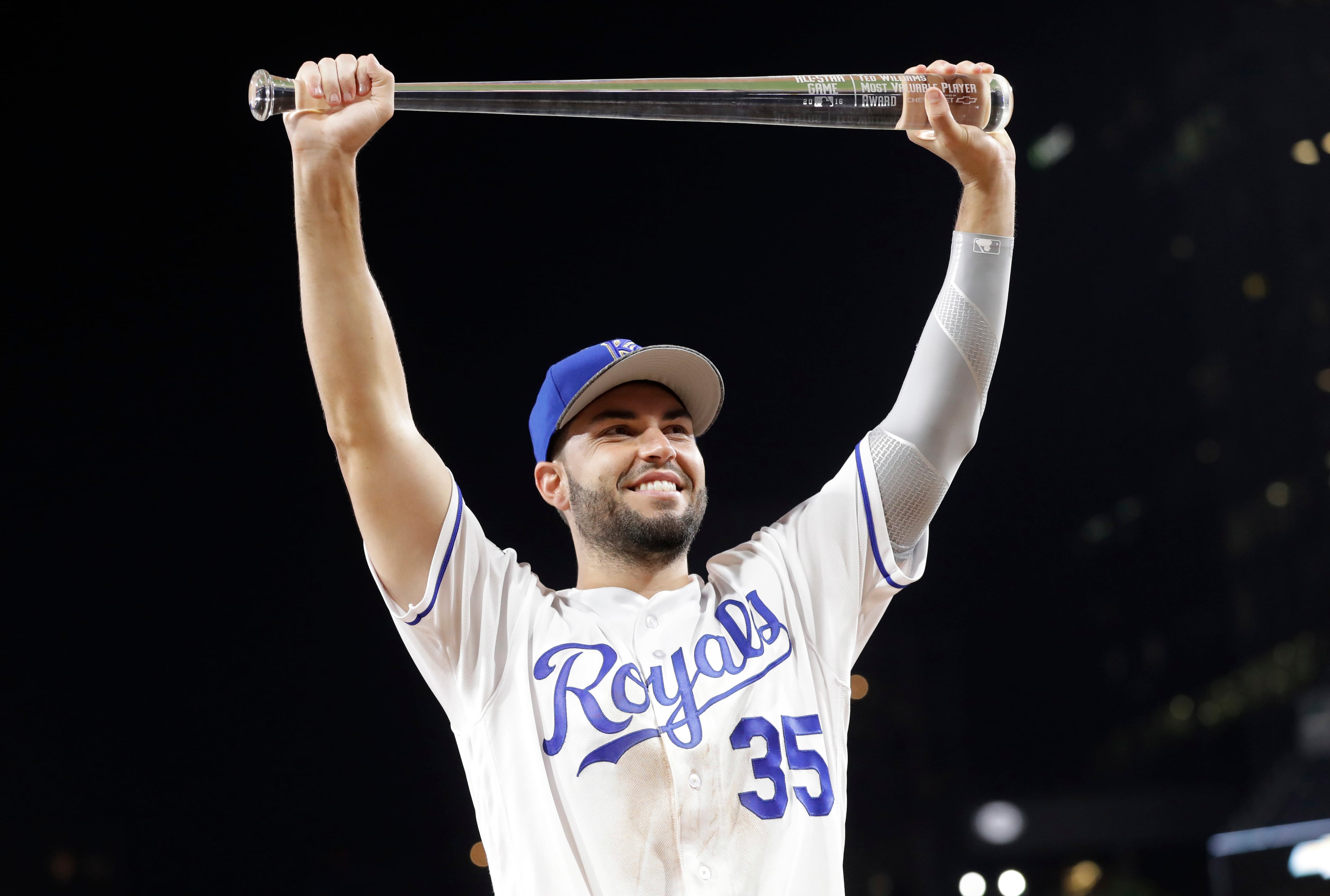 American League's Eric Hosmer, of the Kansas City Royals, holds the MVP award after the MLB baseball All-Star Game, Tuesday, July 12, 2016, in San Diego. The American League won 4-2. (AP Photo/Gregory Bull)