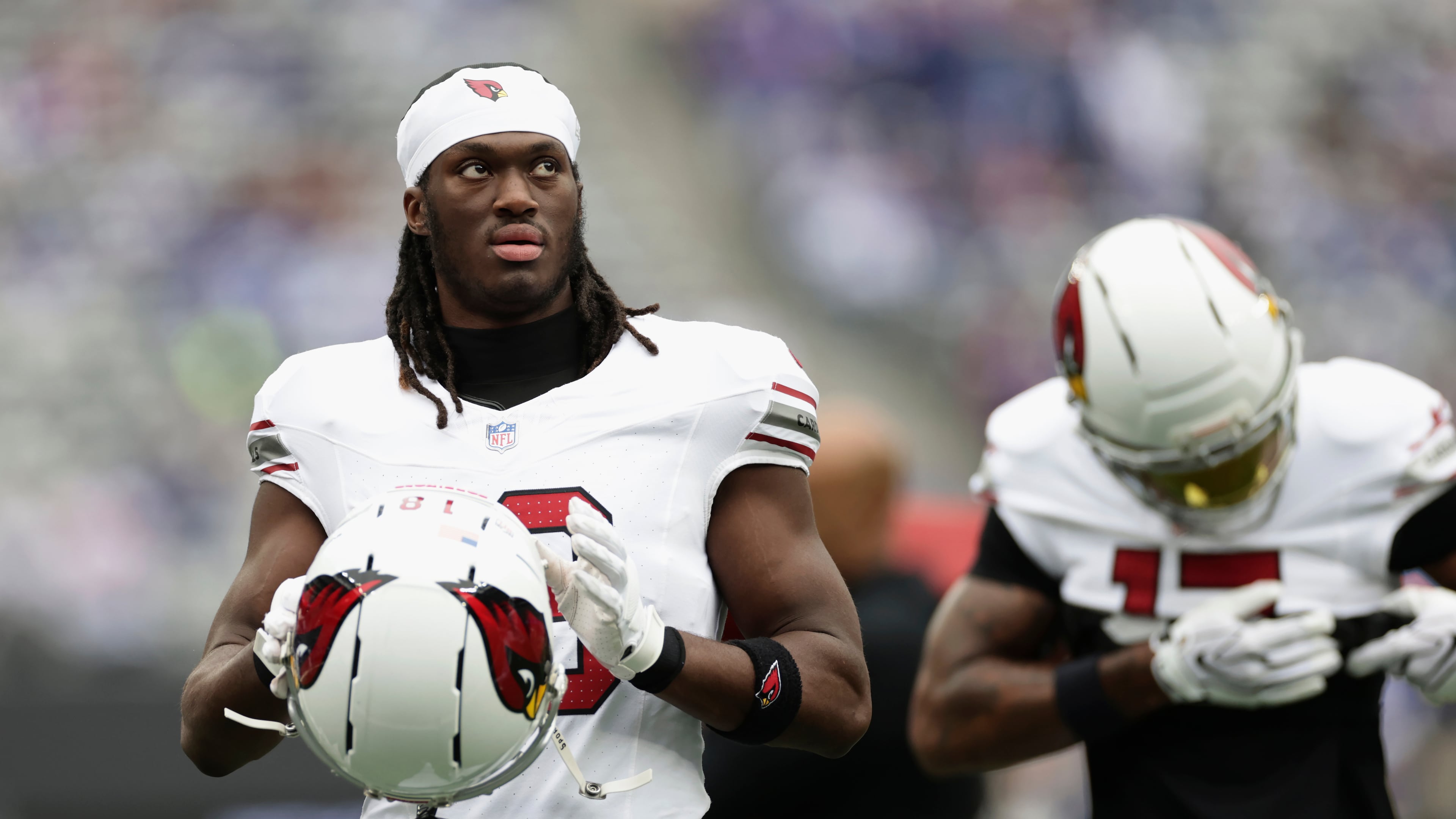 Arizona Cardinals wide receiver Marvin Harrison Jr. pauses on the field prior to an NFL football game against the New York Giants, in East Rutherford, N.J., Sunday, Oct. 4, 2026. (AP Photo/Adam Hunger)