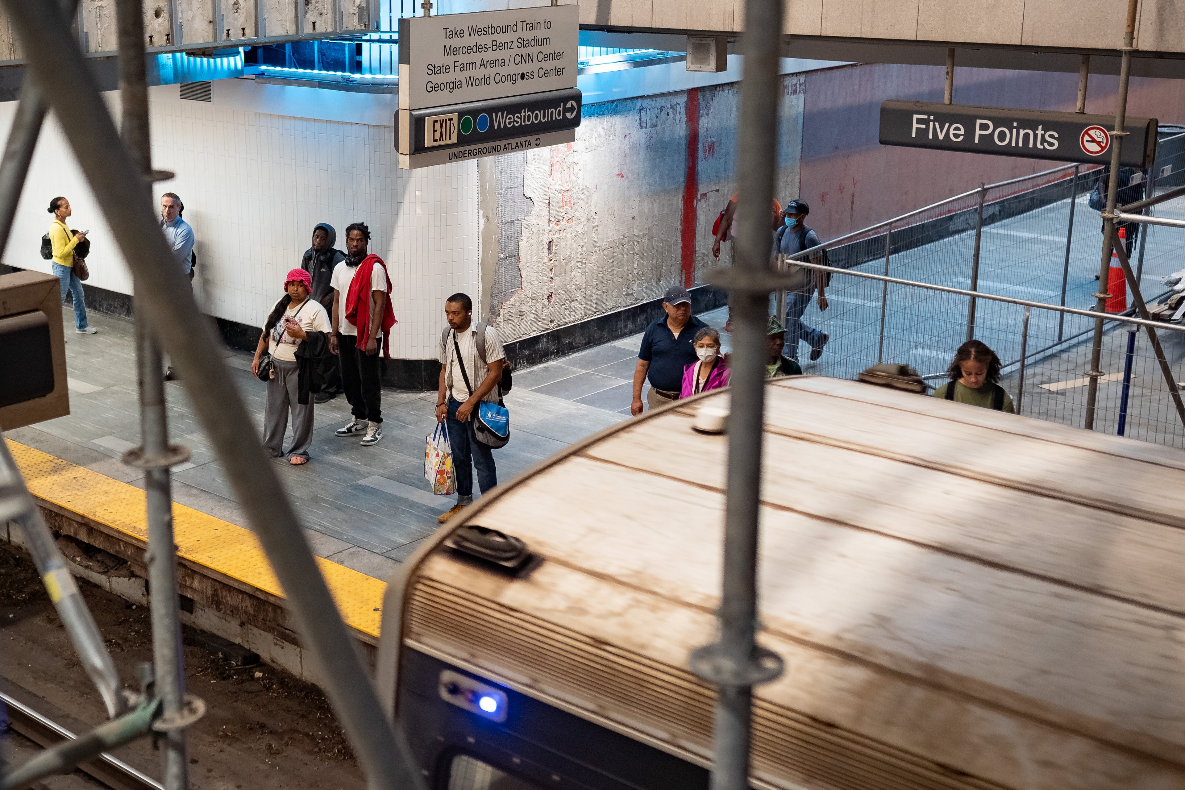 Scaffolding surrounds the platform as renovations begin at the MARTA Five Points station on May 19, 2025. (Ben Hendren for the AJC)