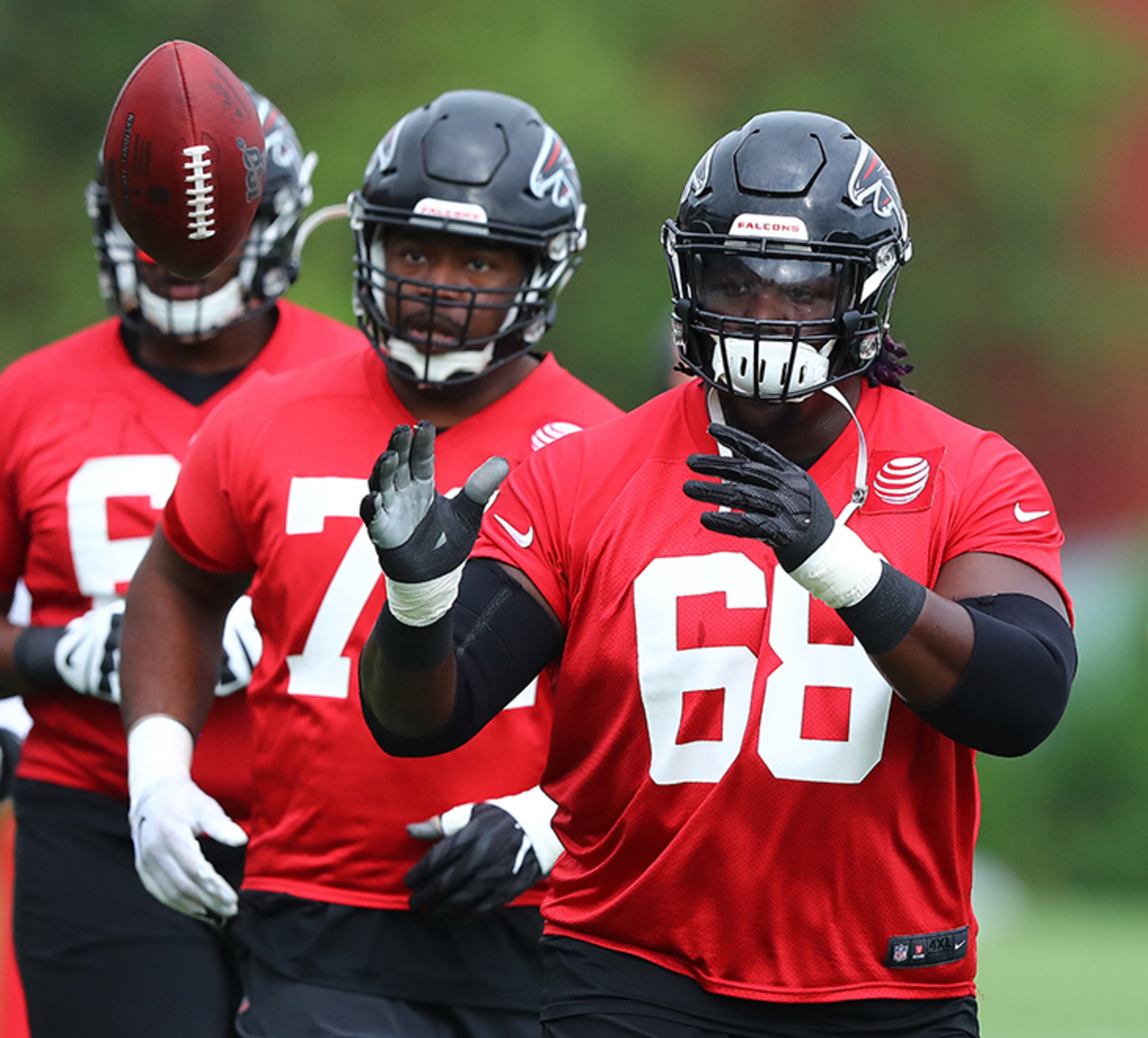 Falcons guard Jamon Brown takes part in a running a drill during the second practice of training camp Tuesday, July 23, 2019, in Flowery Branch.