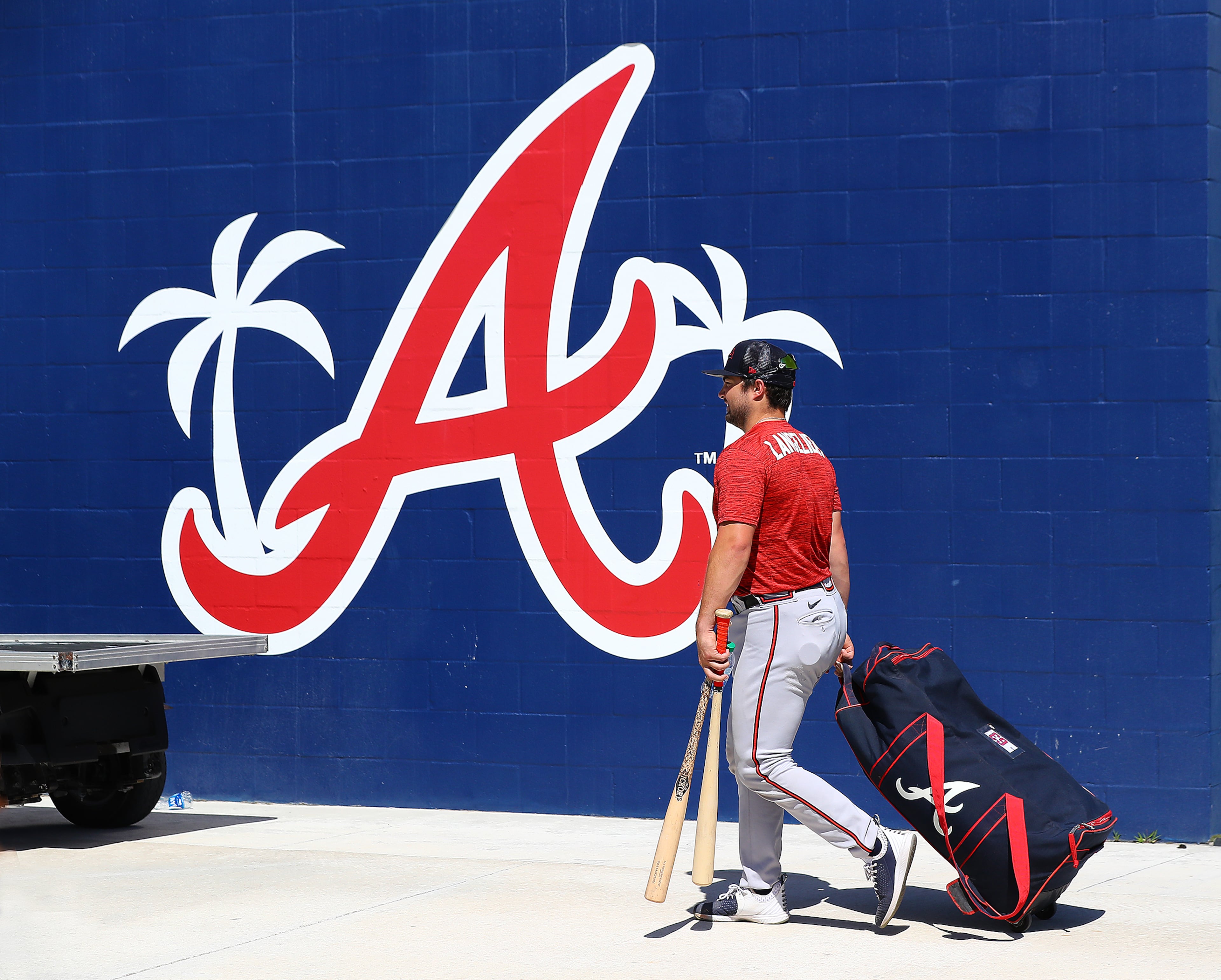 030622 North Port: Atlanta Braves top prospect catcher Shea Langeliers heads back to the locker room after the first day of Braves minor league spring training camp on Sunday, March 6, 2022, in North Port. “Curtis Compton / Curtis.Compton@ajc.com”`