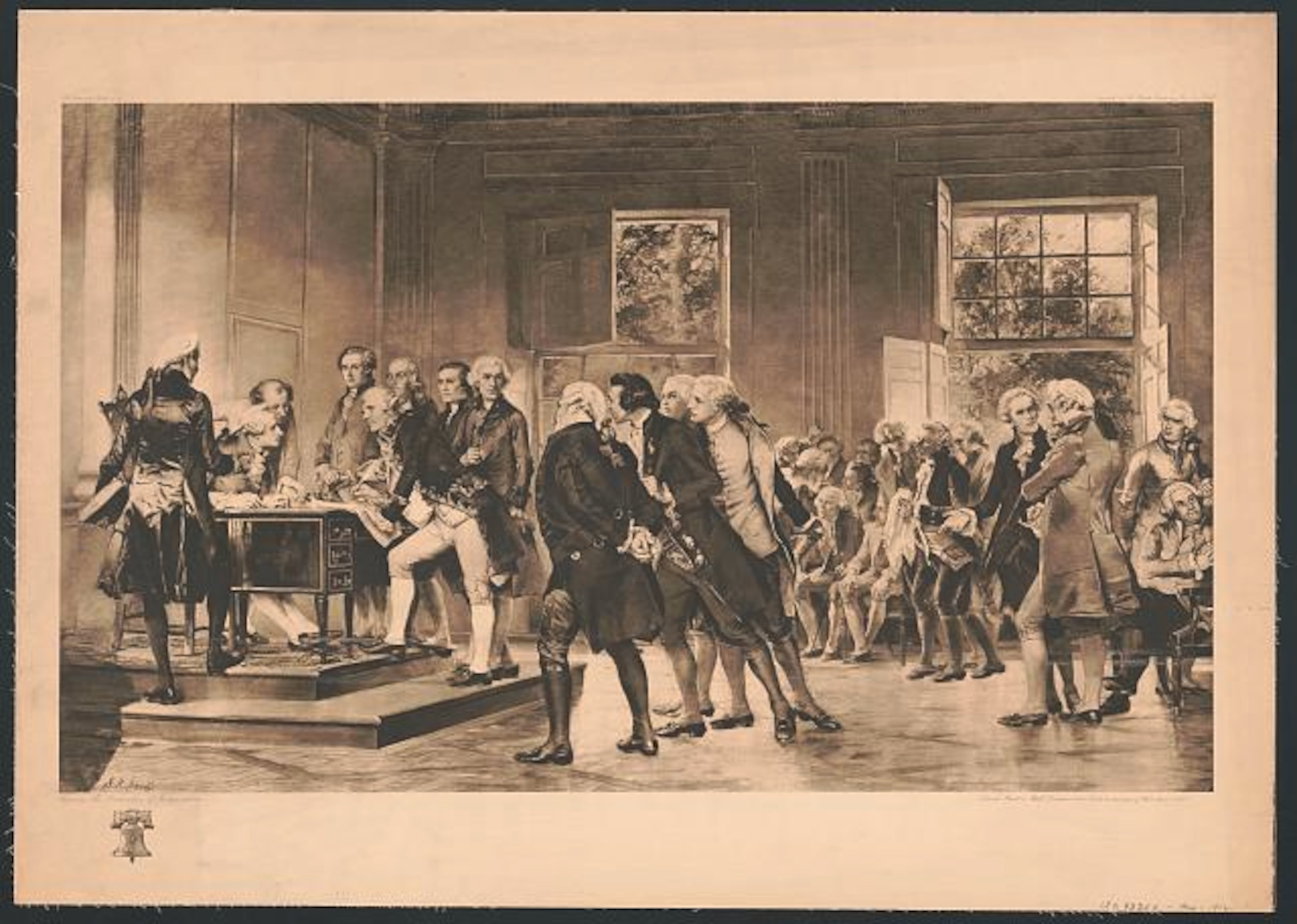 Representatives of the Second Continental Congress sign the Declaration of Independence in 1776. Three Georgians were among the 56 signers, as portrayed here by artist Sarah Dodson (Courtesy of the Library of Congress)