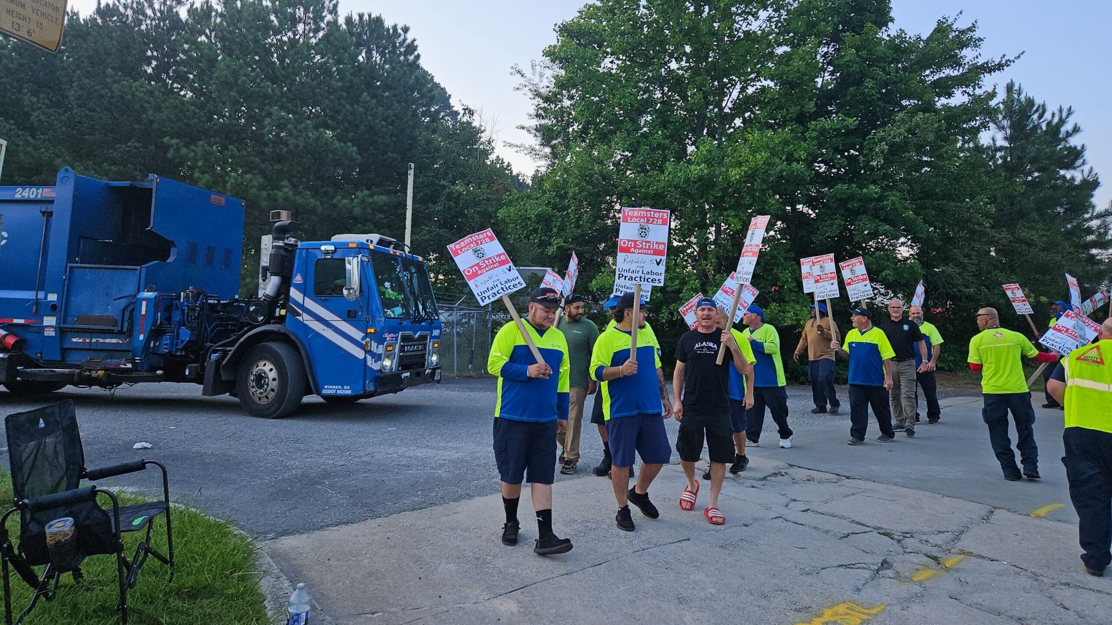 Teamsters members who handle trash collection in Alpharetta went on strike at their facility on Tuesday, July 8, 2025, in Cumming. About 500 Republic Teamsters are on strike across the country, according to the union. (Courtesy of the Teamsters)
