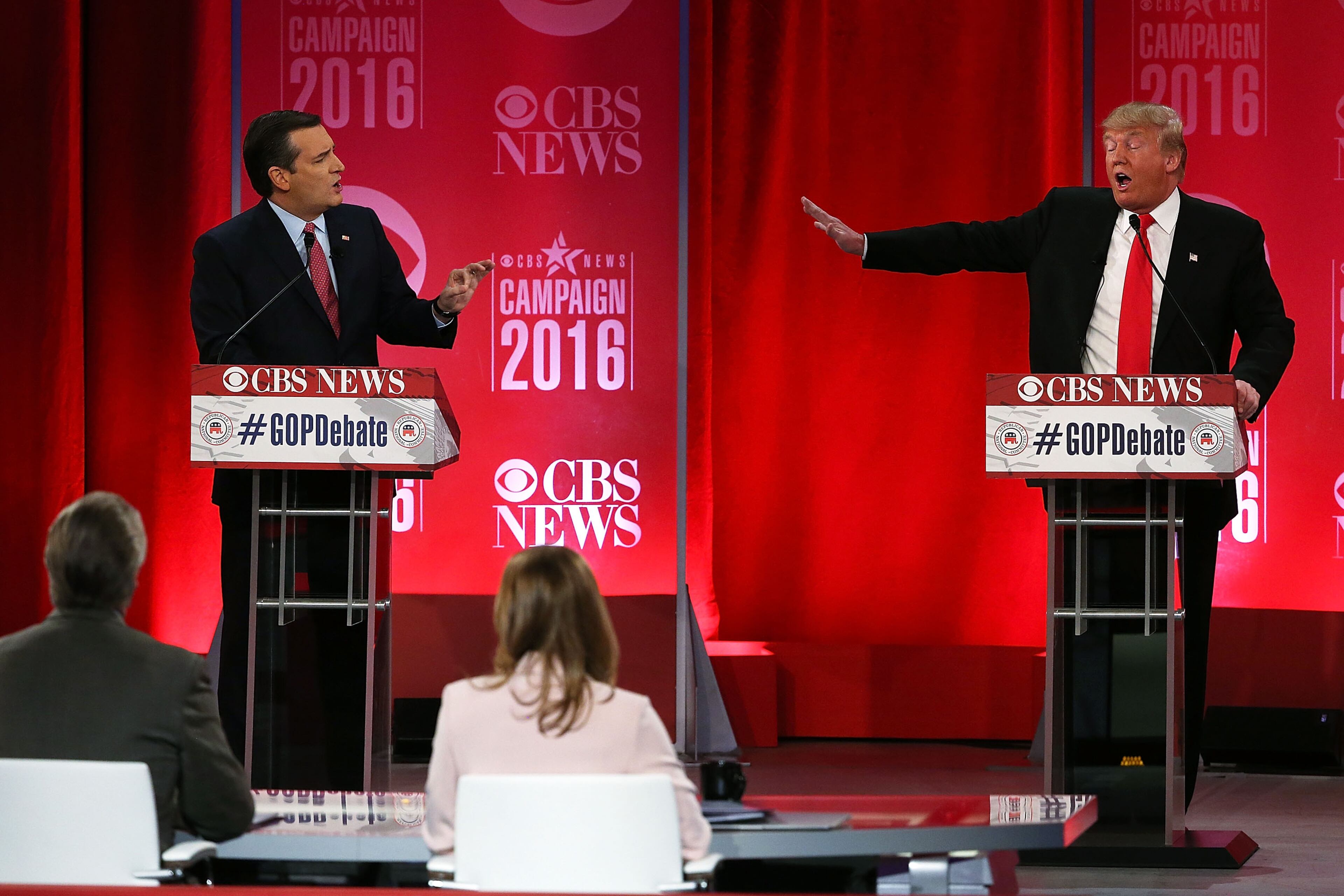 Republican presidential candidates (L-R) Sen. Ted Cruz (R-TX) and Donald Trump participate in a CBS News GOP Debate February 13, 2016 at the Peace Center in Greenville, South Carolina. Residents of South Carolina will vote for the Republican candidate at the primary on February 20. (Photo by Spencer Platt/Getty Images)