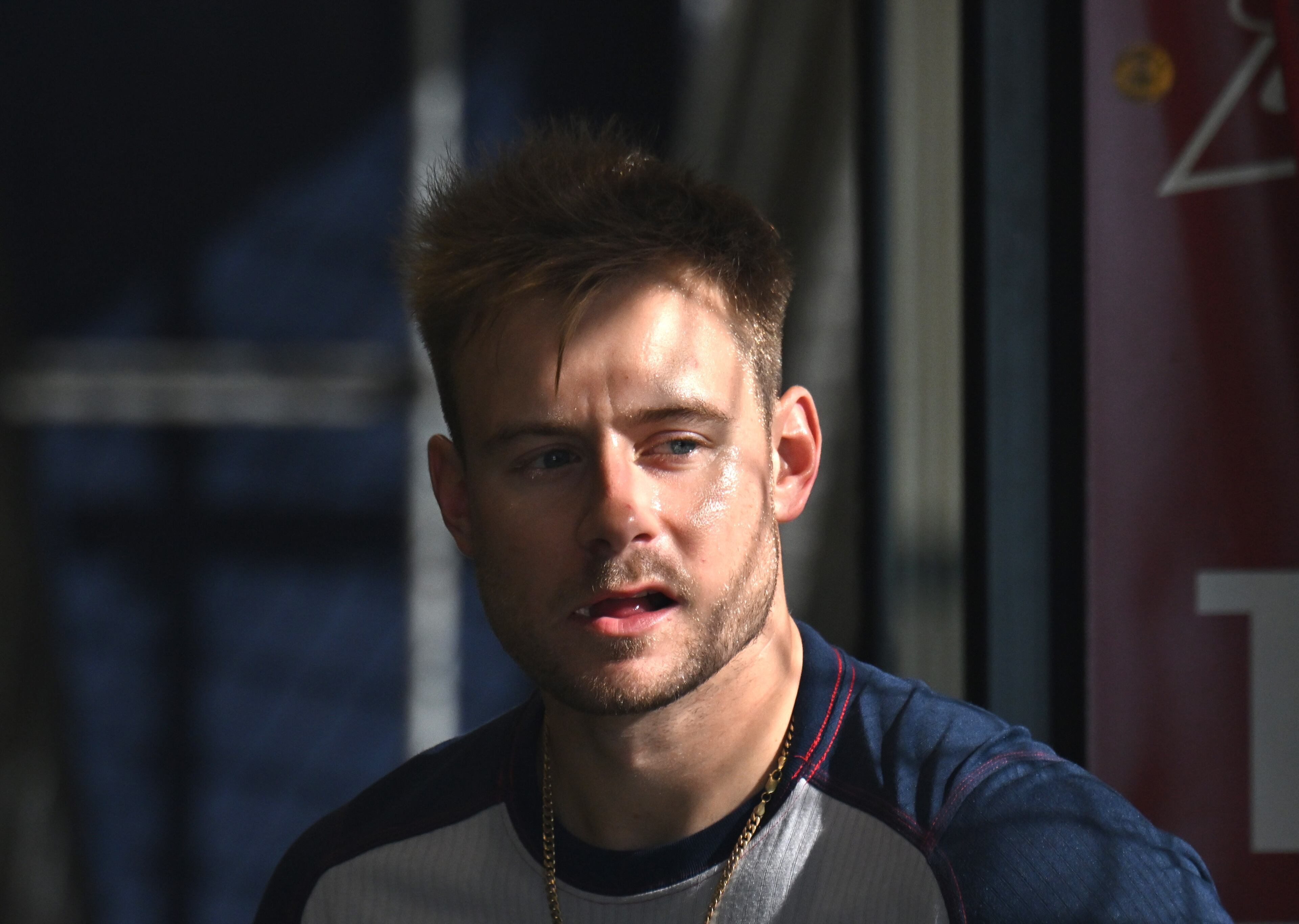 Braves left fielder Jarred Kelenic talks with teammates while taking batting practice during spring training at CoolToday Park in North Port, Florida on Wednesday, Feb., 14, 2024. (Hyosub Shin / Hyosub.Shin@ajc.com)