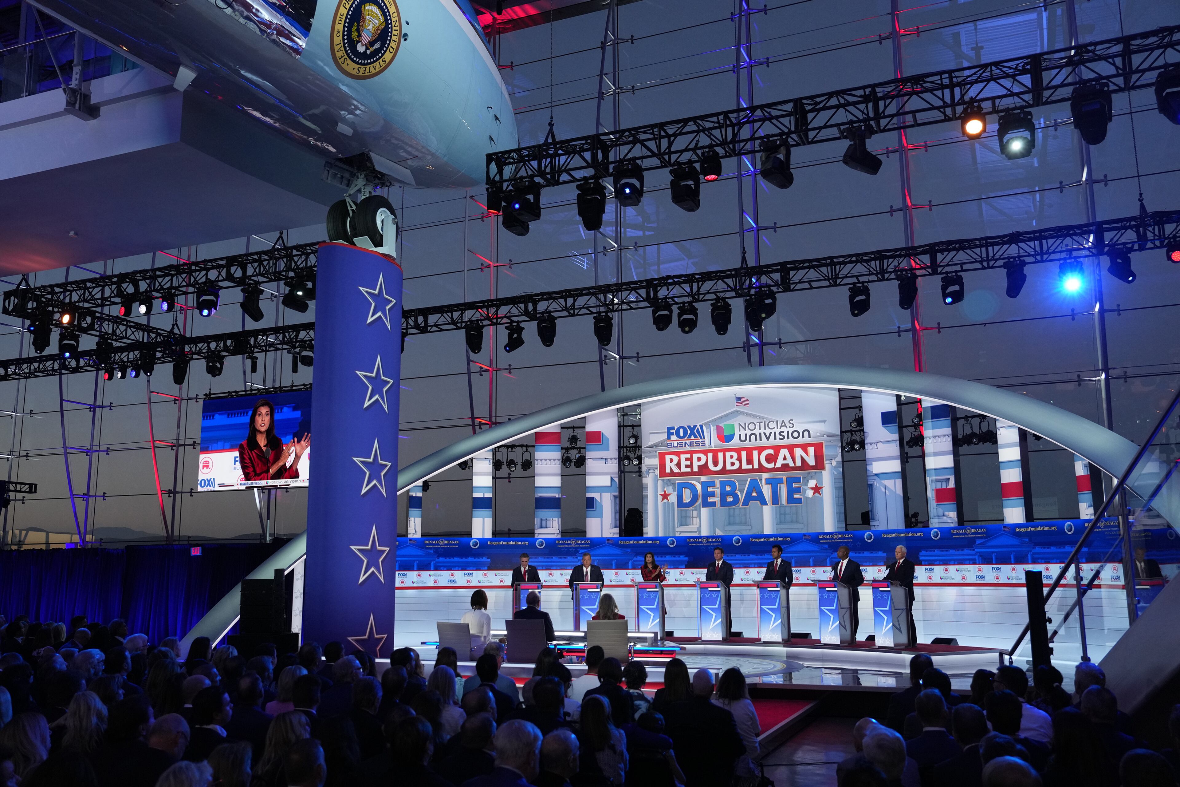 Former South Carolina Gov. Nikki Haley is seen on a screen as she speaks during the second Republican presidential debate Wednesday at the Ronald Reagan Presidential Library in Simi Valley, Calif. She was involved in some of the event's most heated encounters, sparring with several of the other hopefuls. (Todd Heisler/The New York Times)