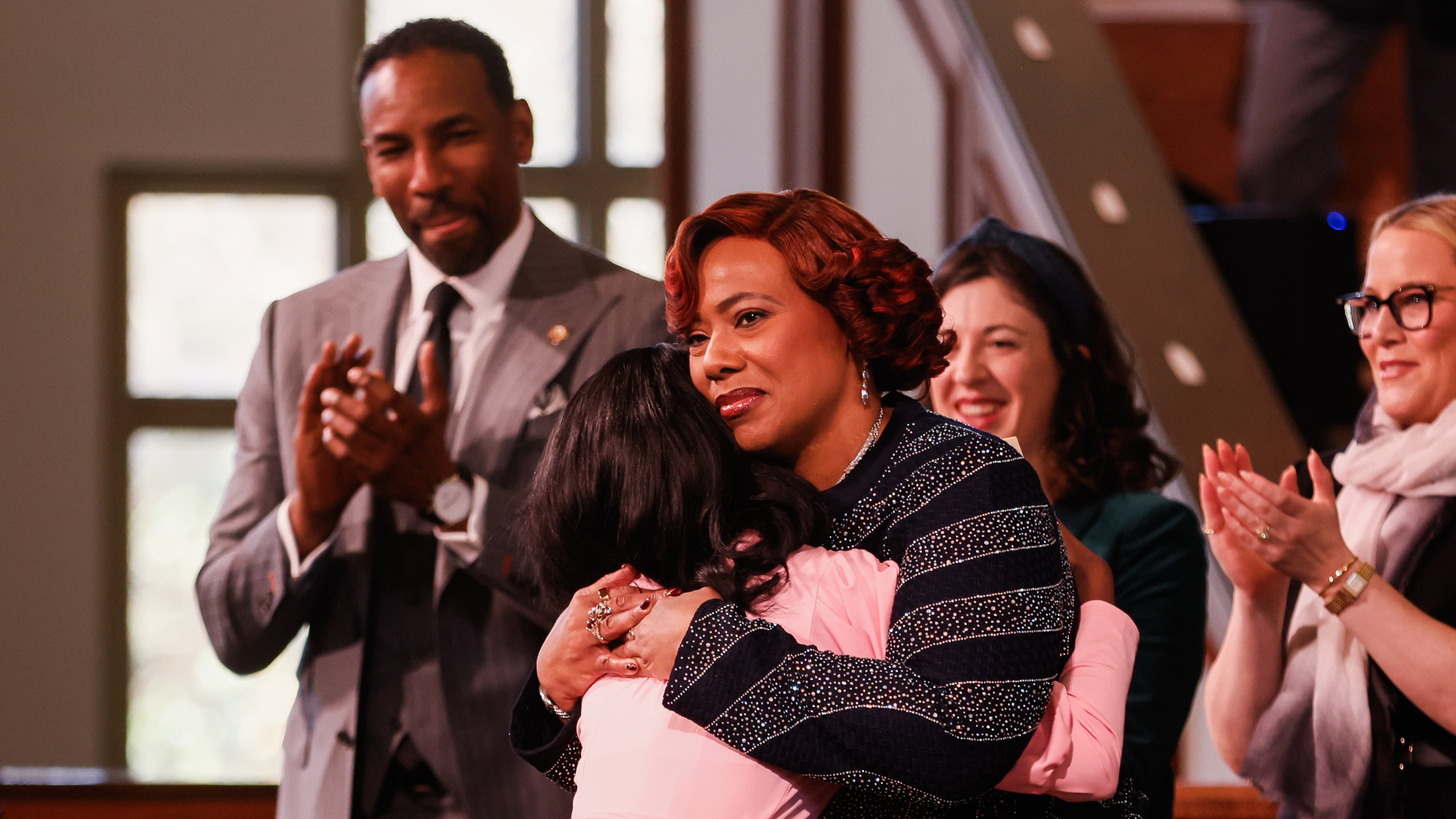 FILE - Bernice A. King, facing forward, hugs Siara White after her tribute to Coretta Scott King during the Martin Luther King Jr. Beloved Community Commemorative Service at Ebenezer Baptist Church in Atlanta, Jan. 19, 2026. (Abbey Cutrer/Atlanta Journal-Constitution via AP, File)