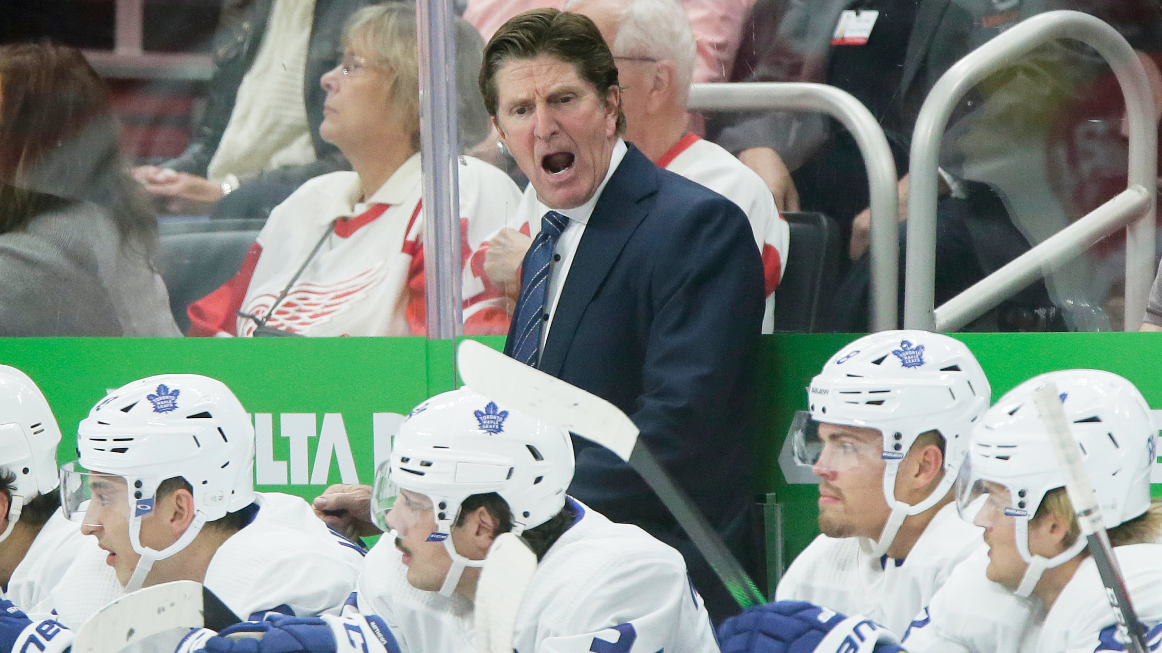 FILE - Toronto Maple Leafs head coach Mike Babcock during the third period of an NHL hockey game against the Detroit Red Wings, Oct. 12, 2019, in Detroit. (AP Photo/Duane Burleson, File)