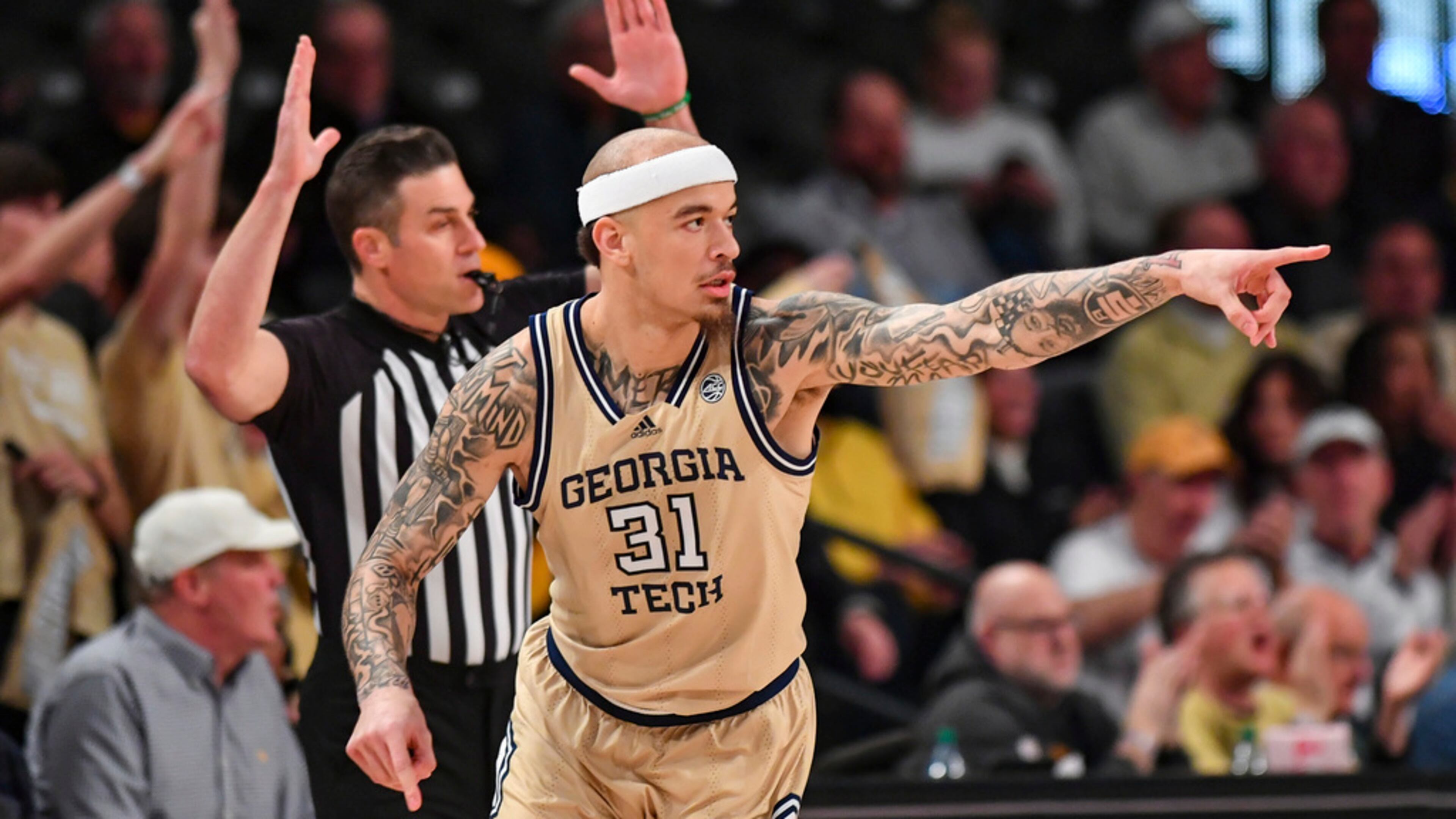 Georgia Tech forward Duncan Powell (31) reacts after making a three-pointer during the college basketball game between the Clemson Tigers and the Georgia Tech Yellow Jackets on January 22, 2025 at Hank McCamish Pavilion in Atlanta, GA. (Photo by Rich von Biberstein/Icon Sportswire) (Icon Sportswire via AP Images)