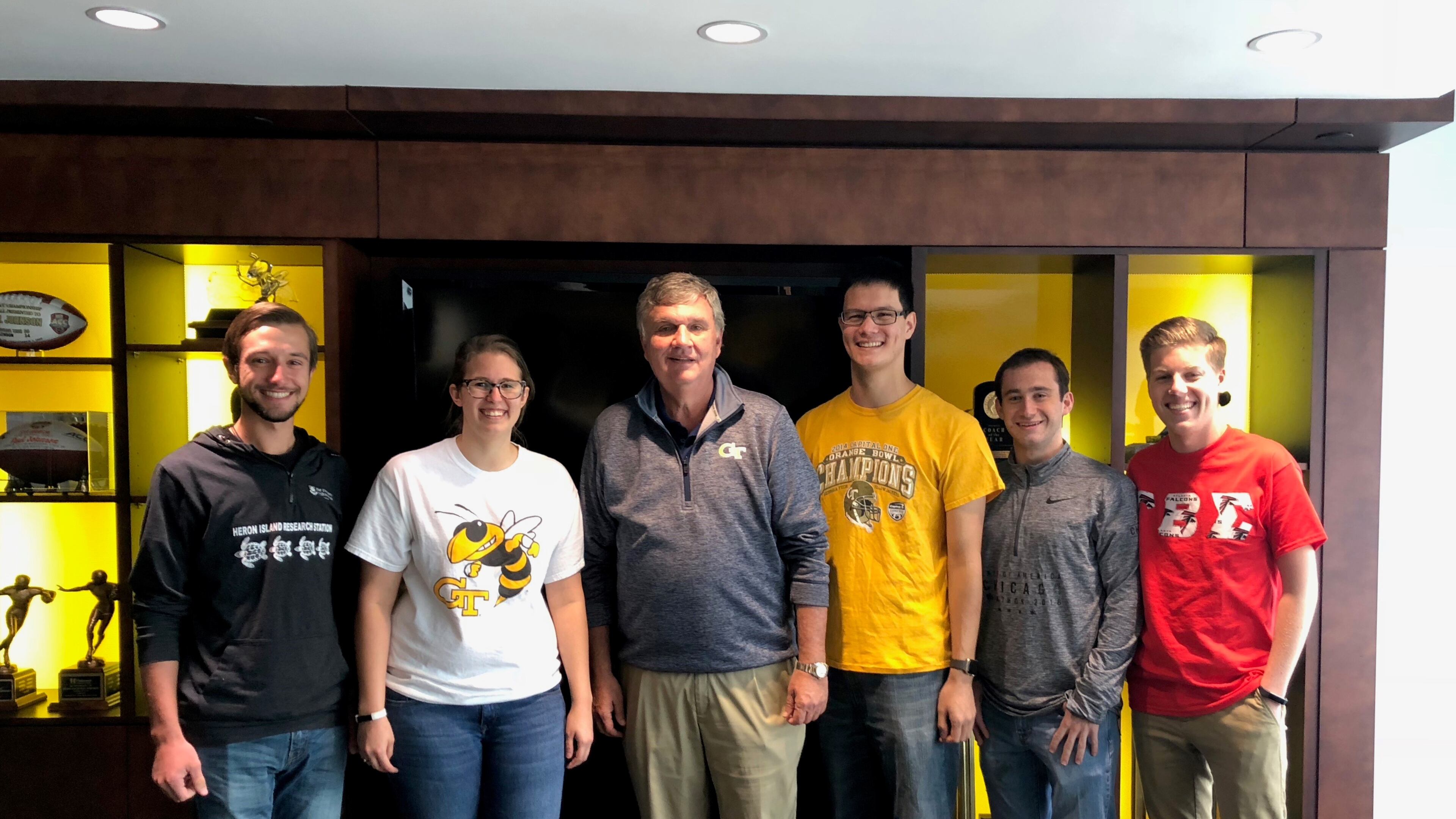 Five Georgia Tech students (four in the marching band, one in the Reck Club) shared lunch with coach Paul Johnson April 9, 2018 after one of them asked if Johnson would be willing to meet with him. Left to right: Michael Marzano, Emma Siegfried, Paul Johnson, Brian Kuo, Aaron Spak and Jonathan DeLozier. (Courtesy Brian Kuo)