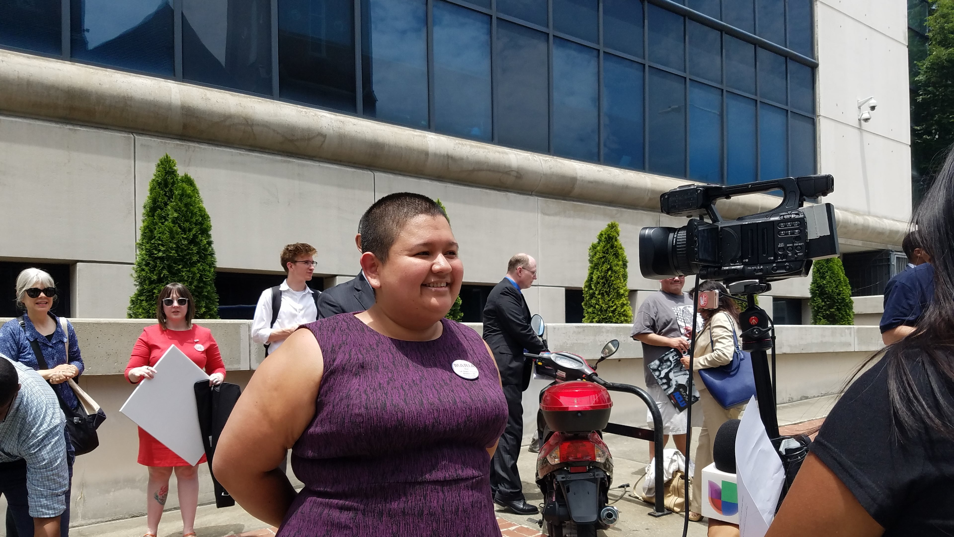 Maria Palacios, whose candidacy for Georgia House was ruled ineligible, holds a news conference at Fulton County Superior Court. Maya T. Prabhu/maya.prabhu@ajc.com
