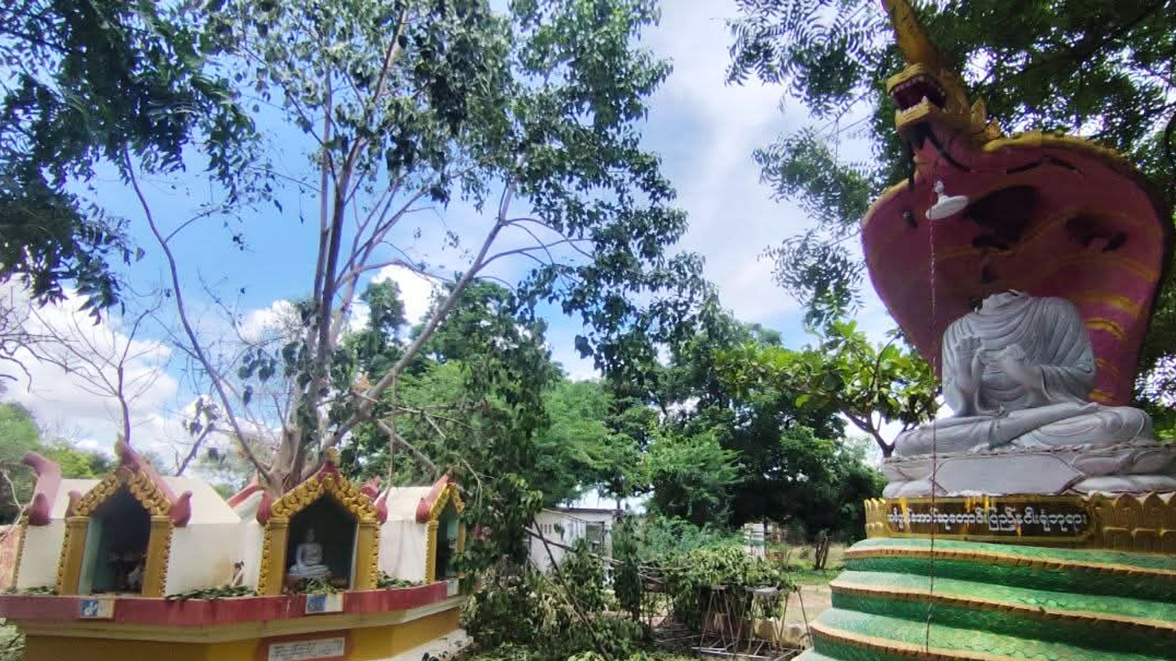 Debris litters a Buddhist monastery after an airstrike hit Swel Le Oh village in Myaung Township, Sagaing Region, Myanmar, on Friday, Aug. 21, 2026. (Ko Nway Oo via AP)