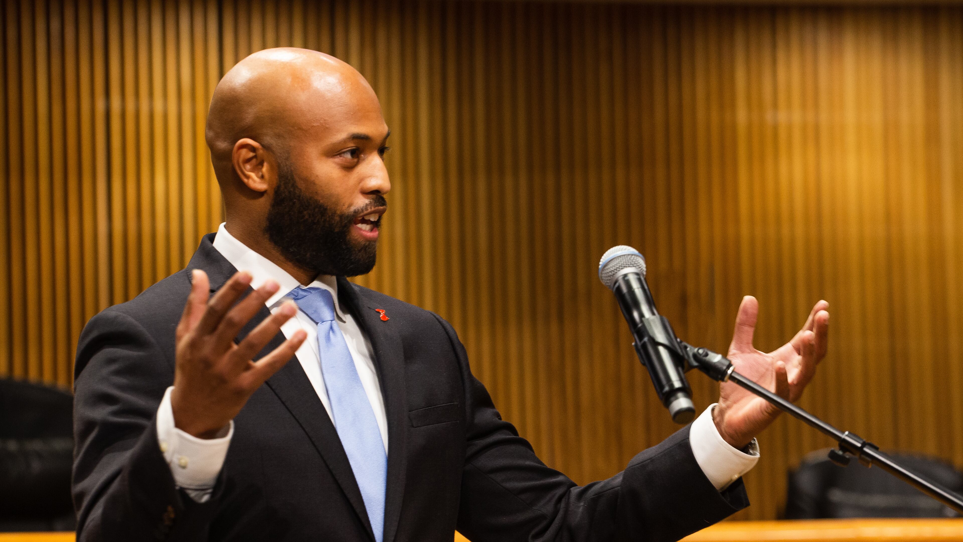 Kirkland Carden, a new member of the Gwinnett Board of Commissioners, speaks during his swearing in ceremony, on Monday, December 21, 2020, at the Gwinnett Justice and Administrative Center in Lawrenceville, Georgia. Carden serves as county commissioner for district one. CHRISTINA MATACOTTA FOR THE ATLANTA JOURNAL-CONSTITUTION
