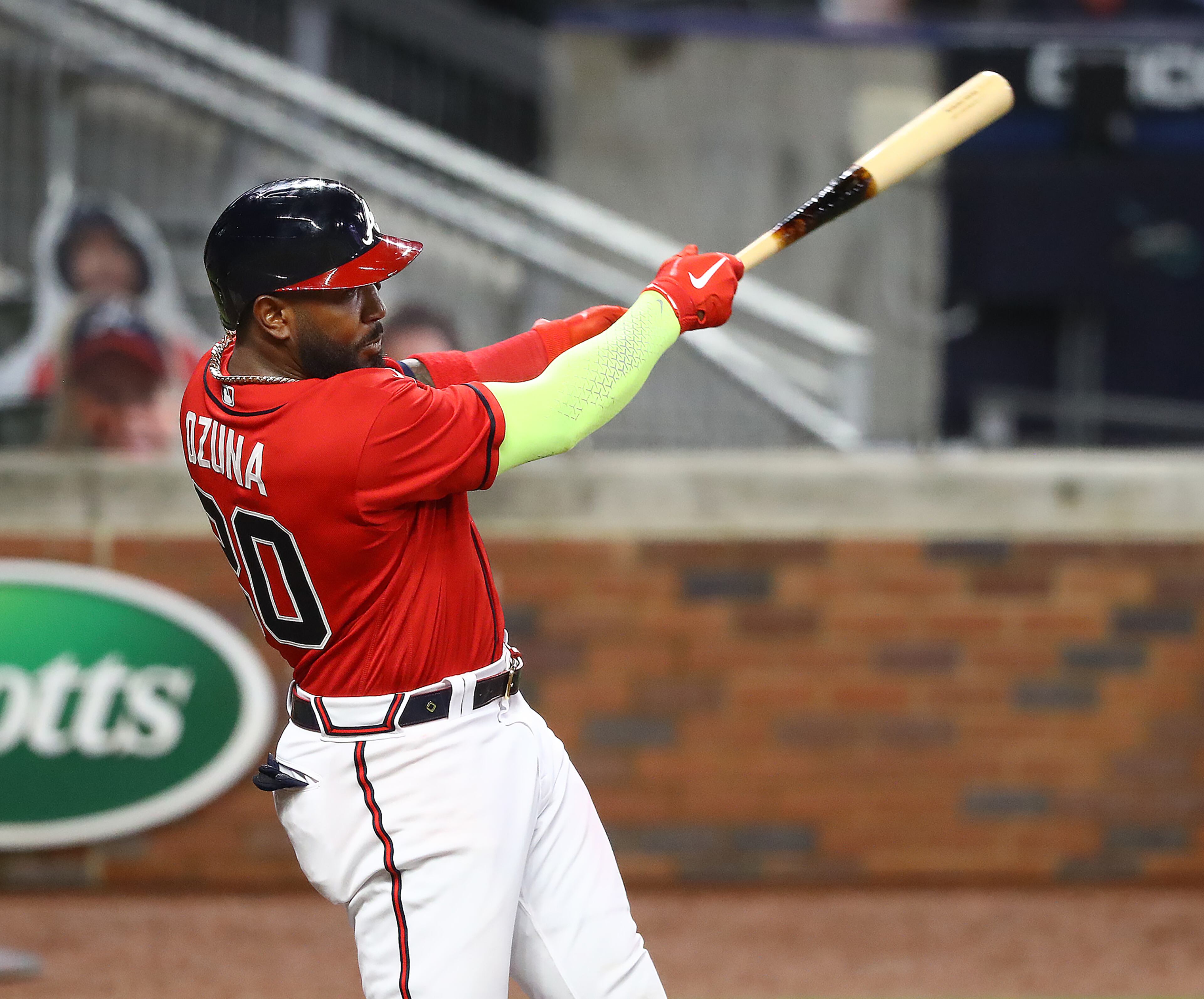 Braves designated hitter Marcell Ozuna hits a 3 run homer for an 11-1 lead. Curtis Compton ccompton@ajc.com