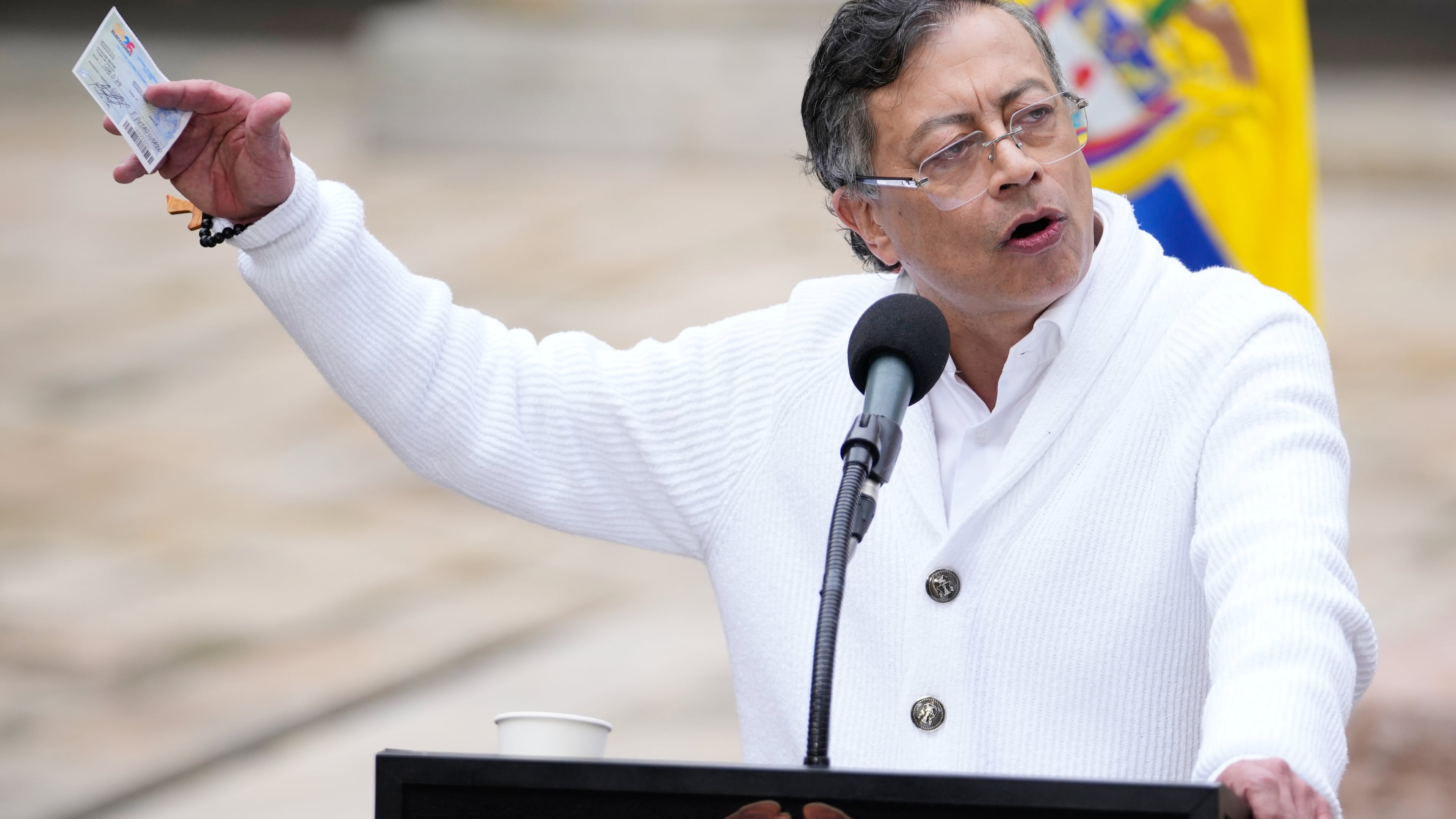FILE - President Gustavo Petro speaks after voting during the presidential election in Bogota, Colombia, May 31, 2026. (AP Photo/Matias Delacroix, File)