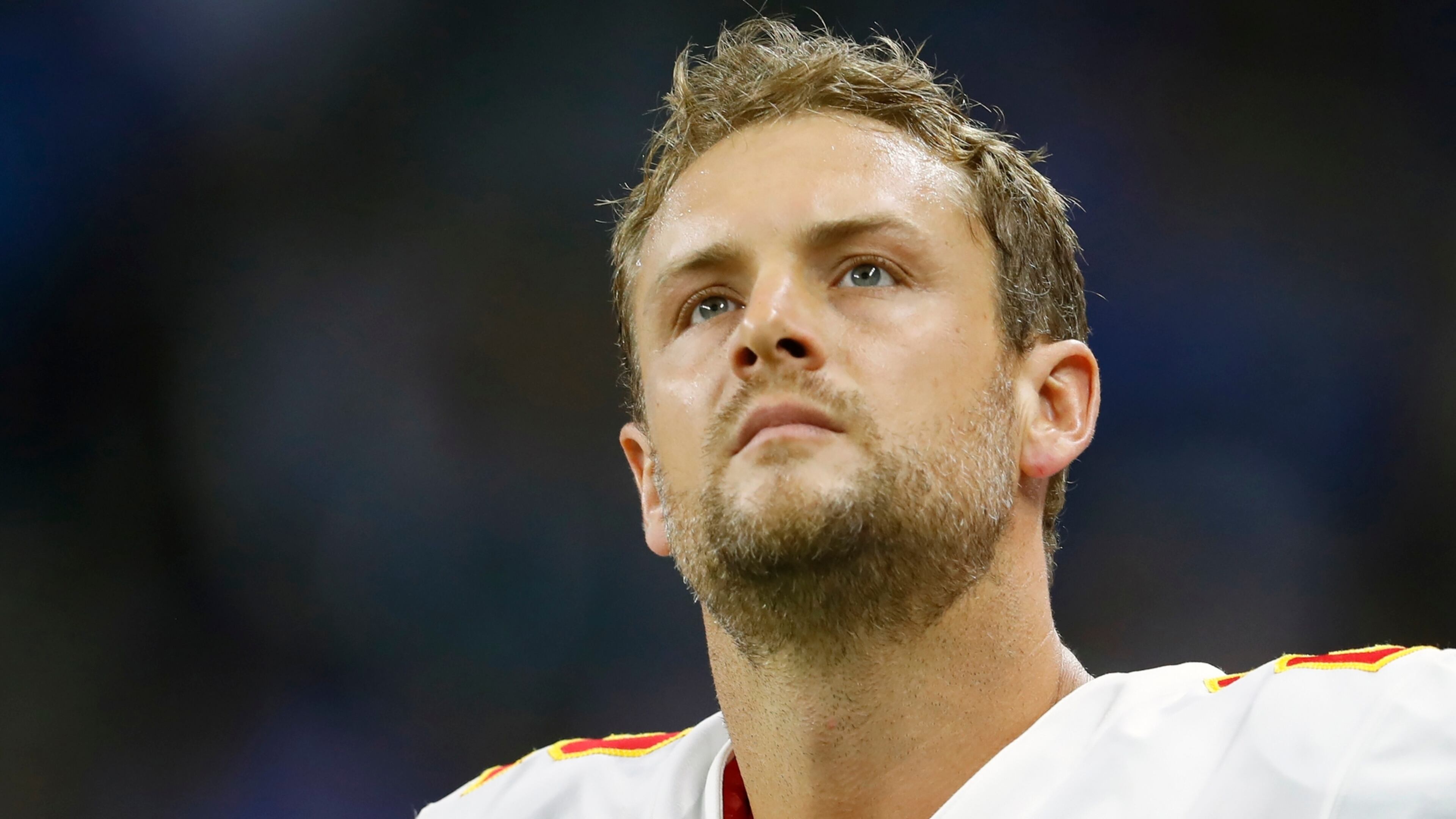 Kansas City Chiefs punter Dustin Colquitt (2) watches during an NFL game against the Detroit Lions Sept. 29, 2019, in Detroit. In February 2021, the Chiefs released the two-time Pro Bowl punter Dustin Colquitt, whose 15-year career with the franchise allowed him to set numerous club records, including the most games played and most postseason appearances. (Paul Sancya/AP)