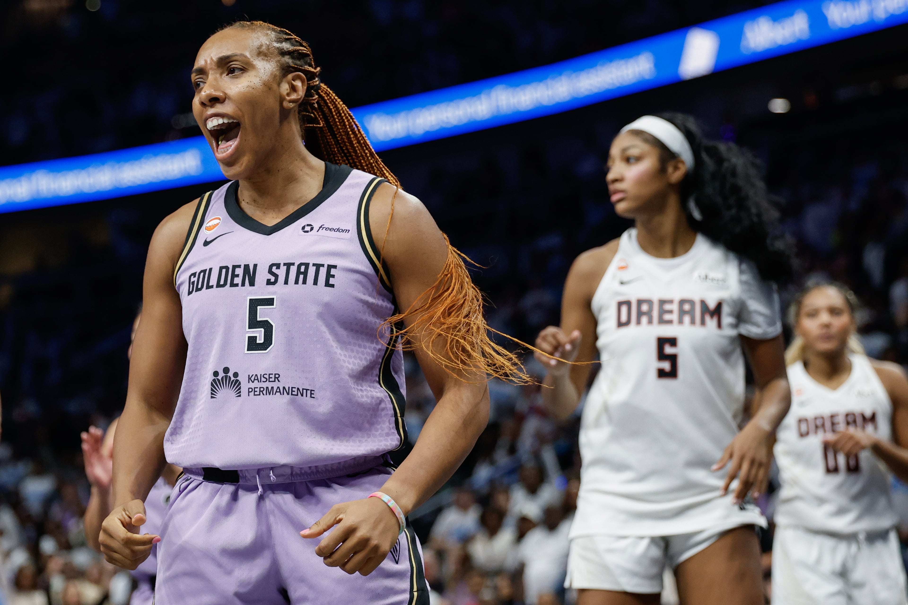 Golden State Valkyries forward Kayla Thornton (left) reacts against Atlanta Dream forward Angel Reese (right) during the second half of Game 4 of the WNBA Finals between the Atlanta Dream and the Golden State Valkyries, Saturday, Oct. 24, 2026, in Atlanta. (Erik S. Lesser for the AJC)