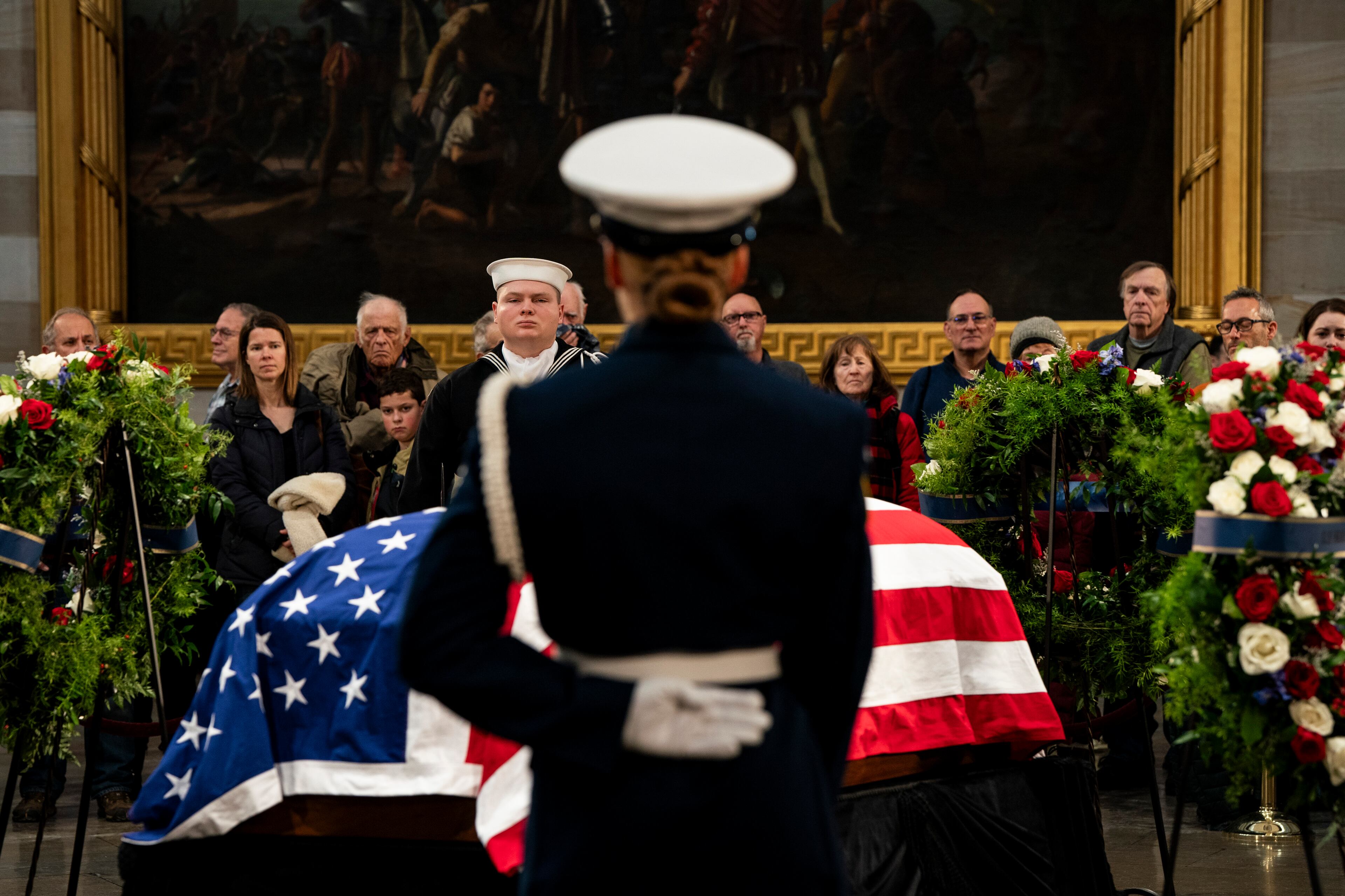 Former President Jimmy Carter lies in state in the Rotunda of the Capitol in Washington, on Wednesday, Jan. 8, 2025. (Haiyun Jiang/The New York Times)