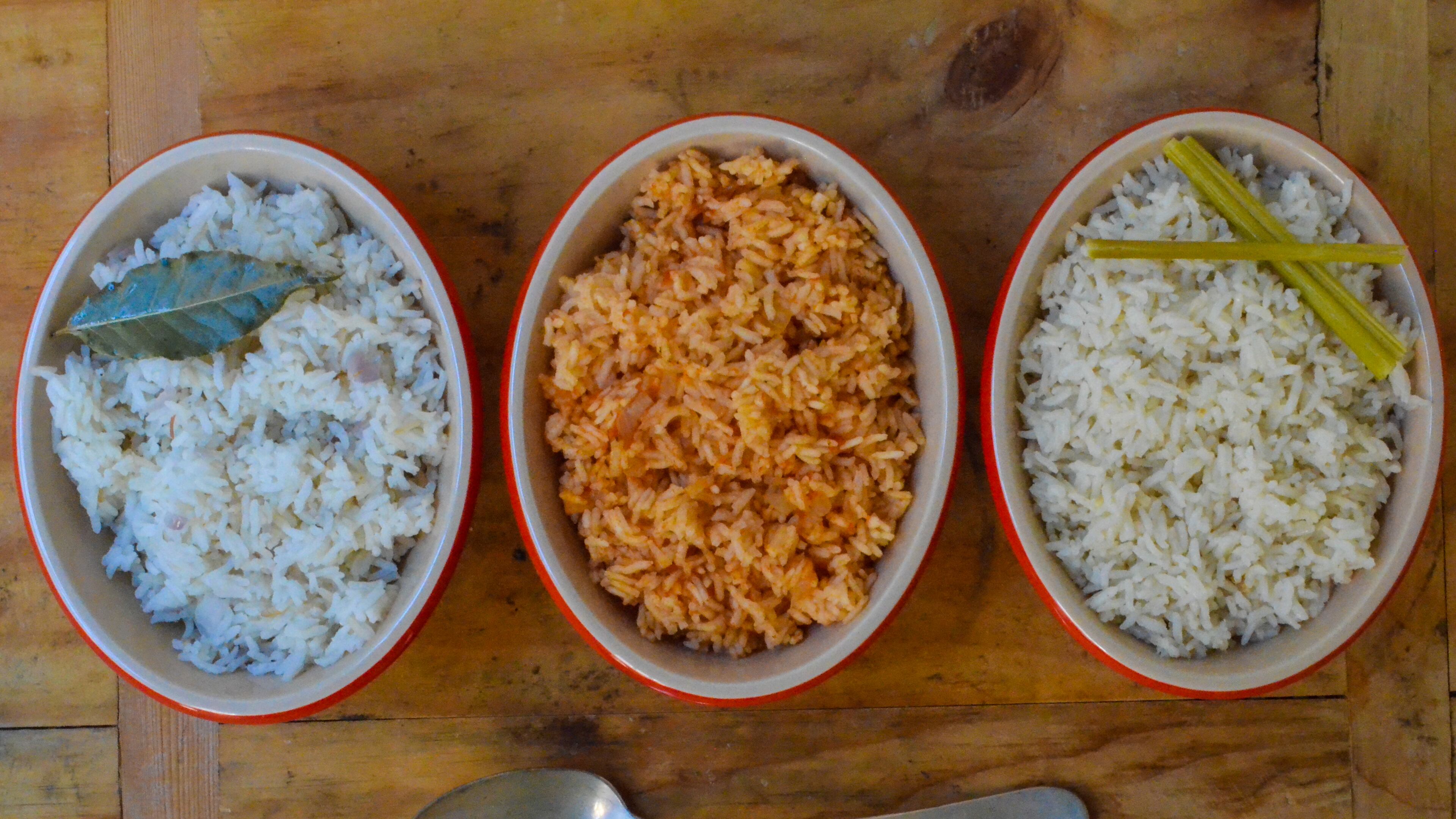 Pilaf ingredients can vary, but the technique for preparing rice pilaf does not. Pictured (from left to right) are classic rice pilaf, Italian-inspired tomato rice pilaf, and coconut rice pilaf. (Virginia Willis for The Atlanta Journal-Constitution)