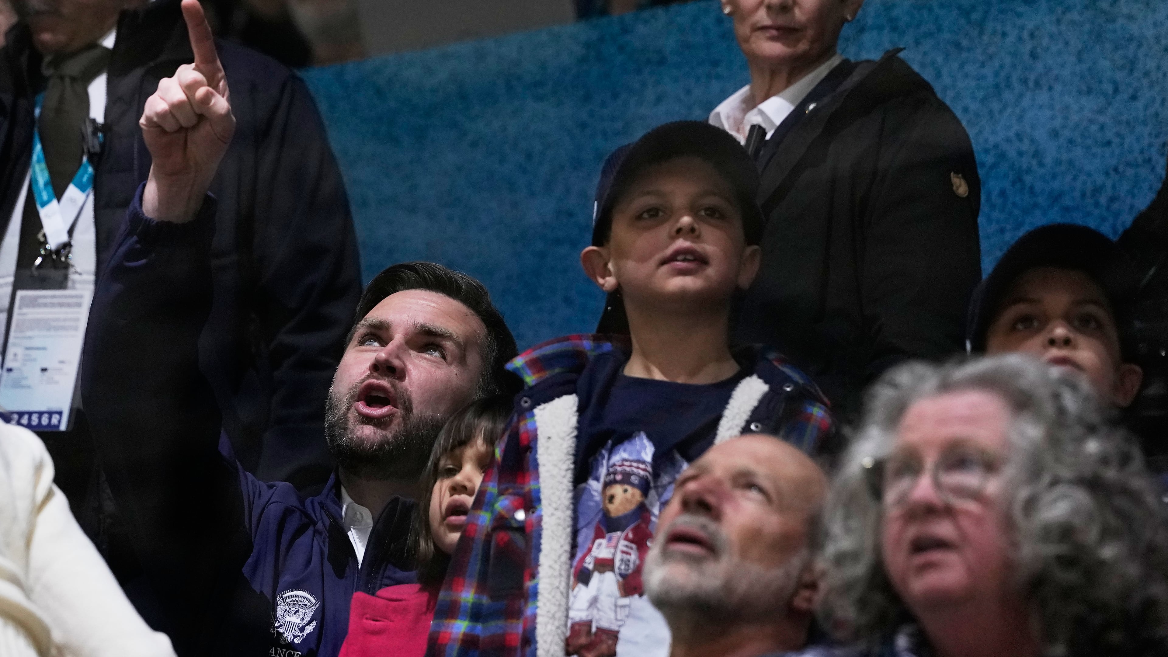 Vice President JD Vance visits a preliminary round match of women's ice hockey between United States and Czechia at the 2026 Winter Olympics, in Milan, Italy, Thursday, Feb. 5, 2026. (AP Photo/Petr David Josek)