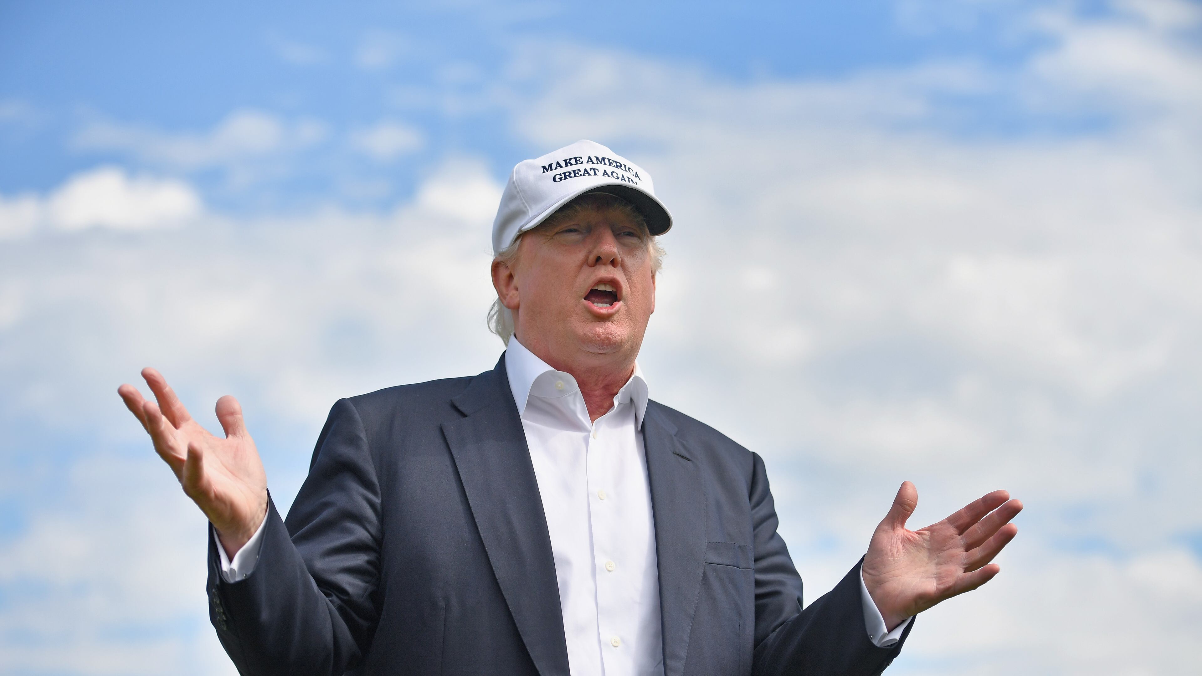 ABERDEEN, SCOTLAND - JUNE 25: Presumptive Republican nominee for US president Donald Trump visits Trump International Golf Links on June 25, 2016 in Aberdeen, Scotland. The US presidential hopeful was in Scotland for the reopening of the refurbished Open venue golf resort Trump Turnberry which has undergone an eight month refurbishment as part of an investment thought to be worth in the region of two hundred million pounds. (Photo by Jeff J Mitchell/Getty Images)