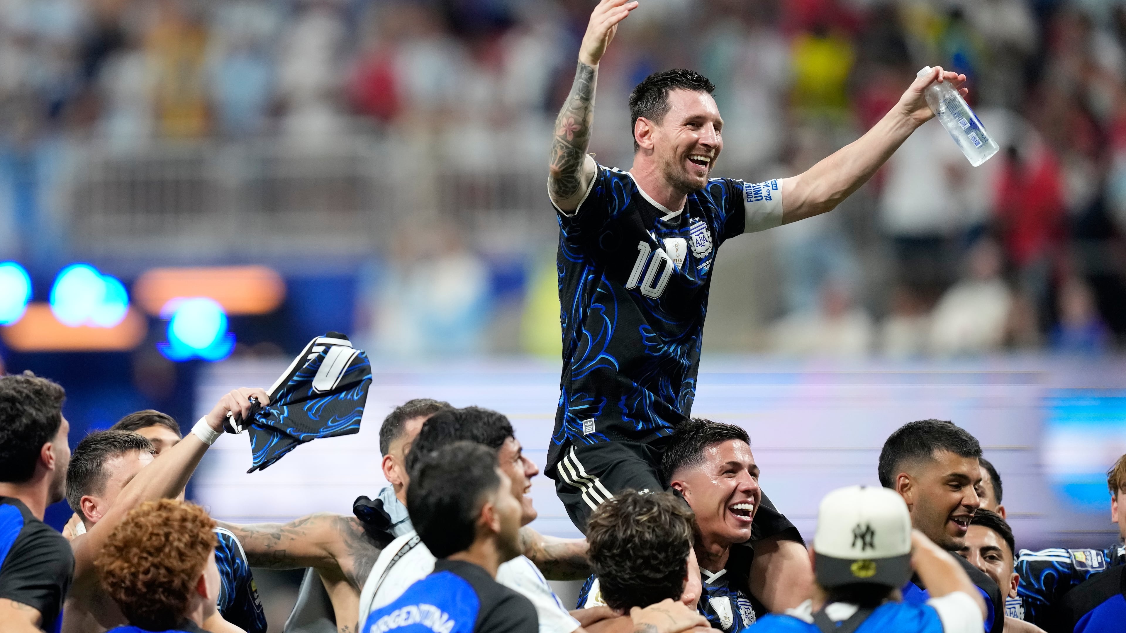 Argentina's Lionel Messi celebrates with his teammates at the end of the World Cup semifinal soccer match between England and Argentina in Atlanta, Wednesday, July 15, 2026. (AP Photo/Rebecca Blackwell)