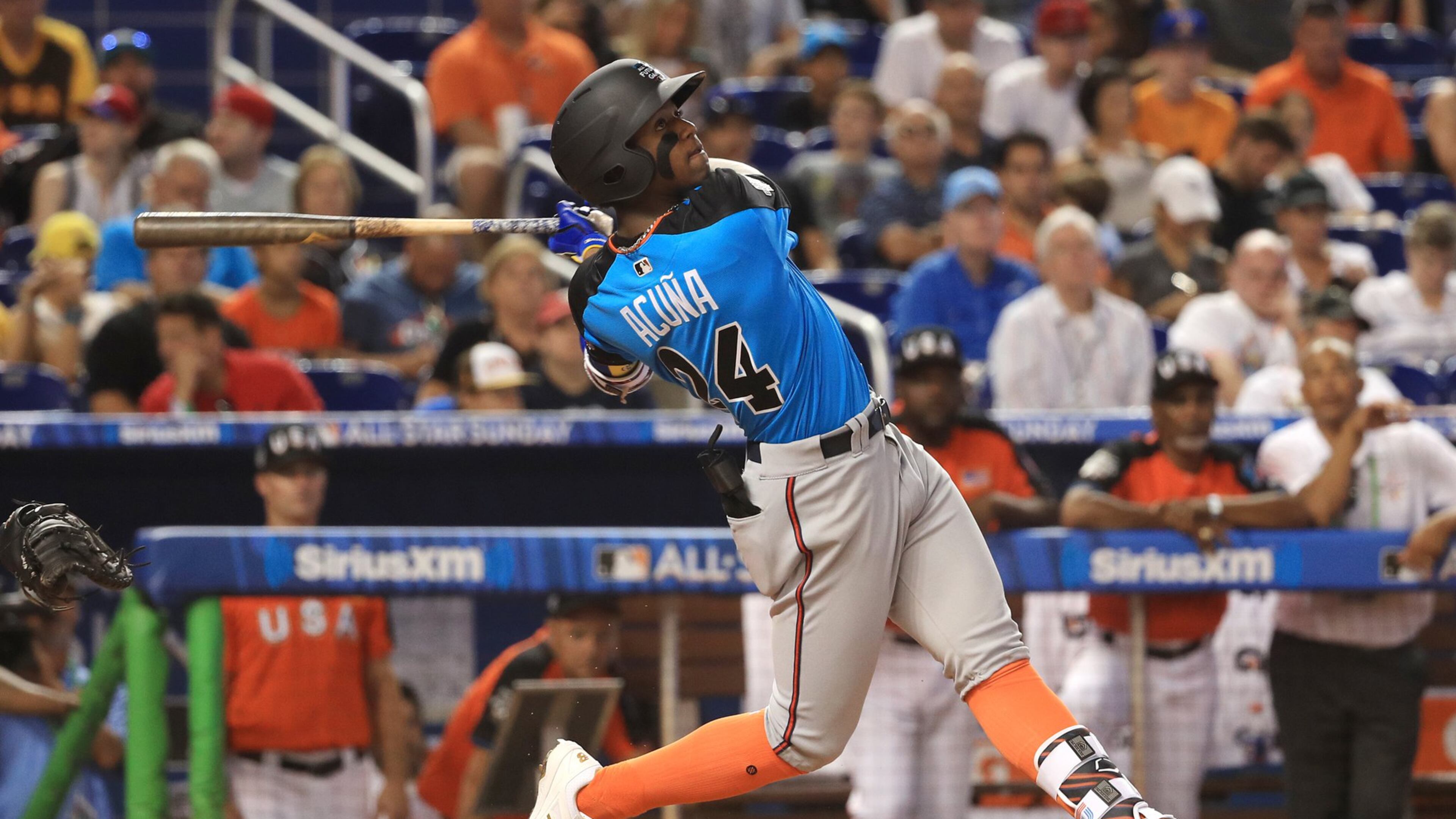 Top Braves prospect Ronald Acuna played for the World Team in the All-Star Futures Game on Sunday at Miami’s Marlins Park. (Photo by Mike Ehrmann/Getty Images)
