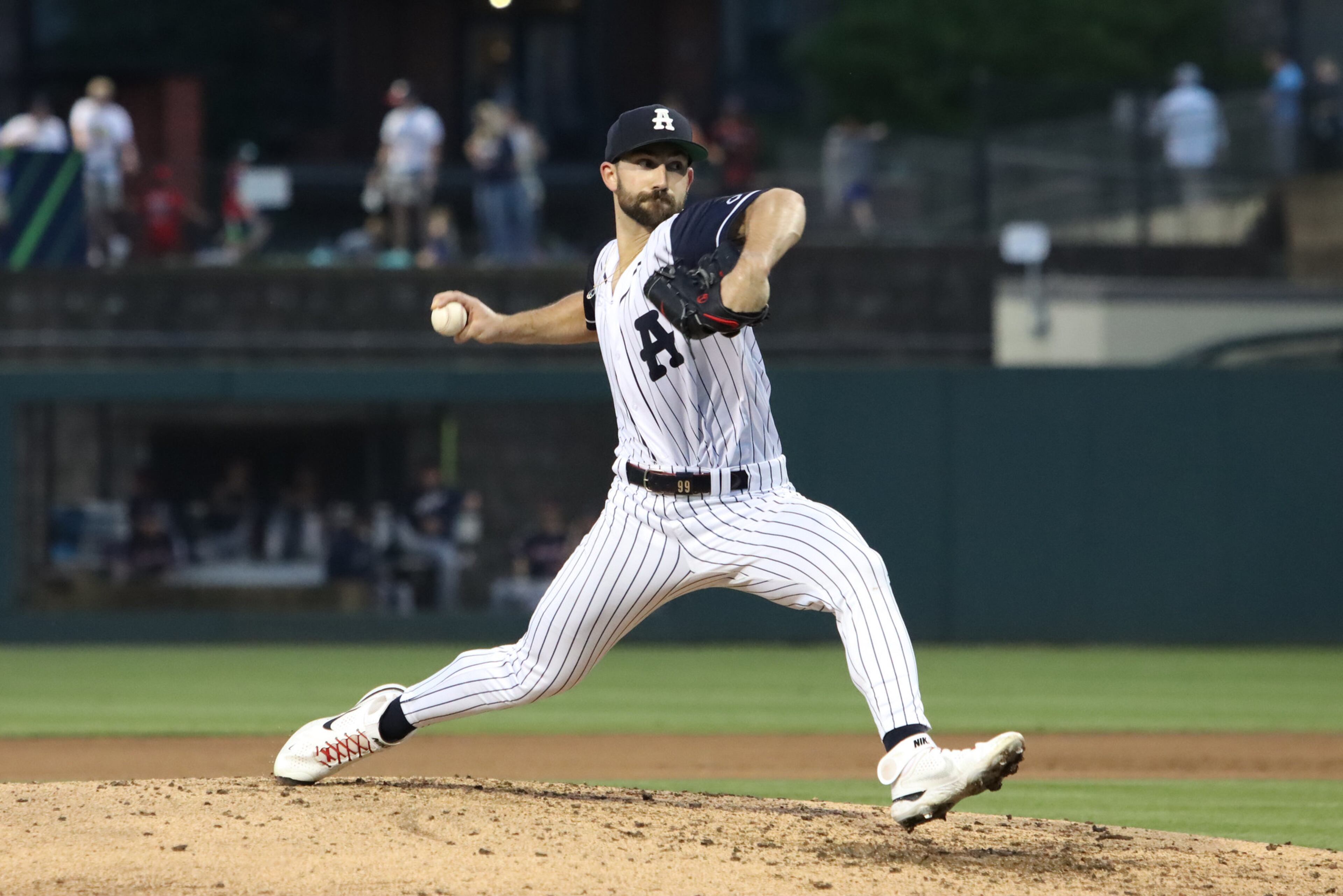 Braves right-hander Spencer Strider delivers a pitch during this rehab performance for the Gwinnett Stripers at Coolray Field in Lawrenceville on April 4, 2025. Strider is near a return to the Braves after undergoing surgery on his right elbow in April 2024. (Photo by Matthew Caldwell/Gwinnett Stripers)