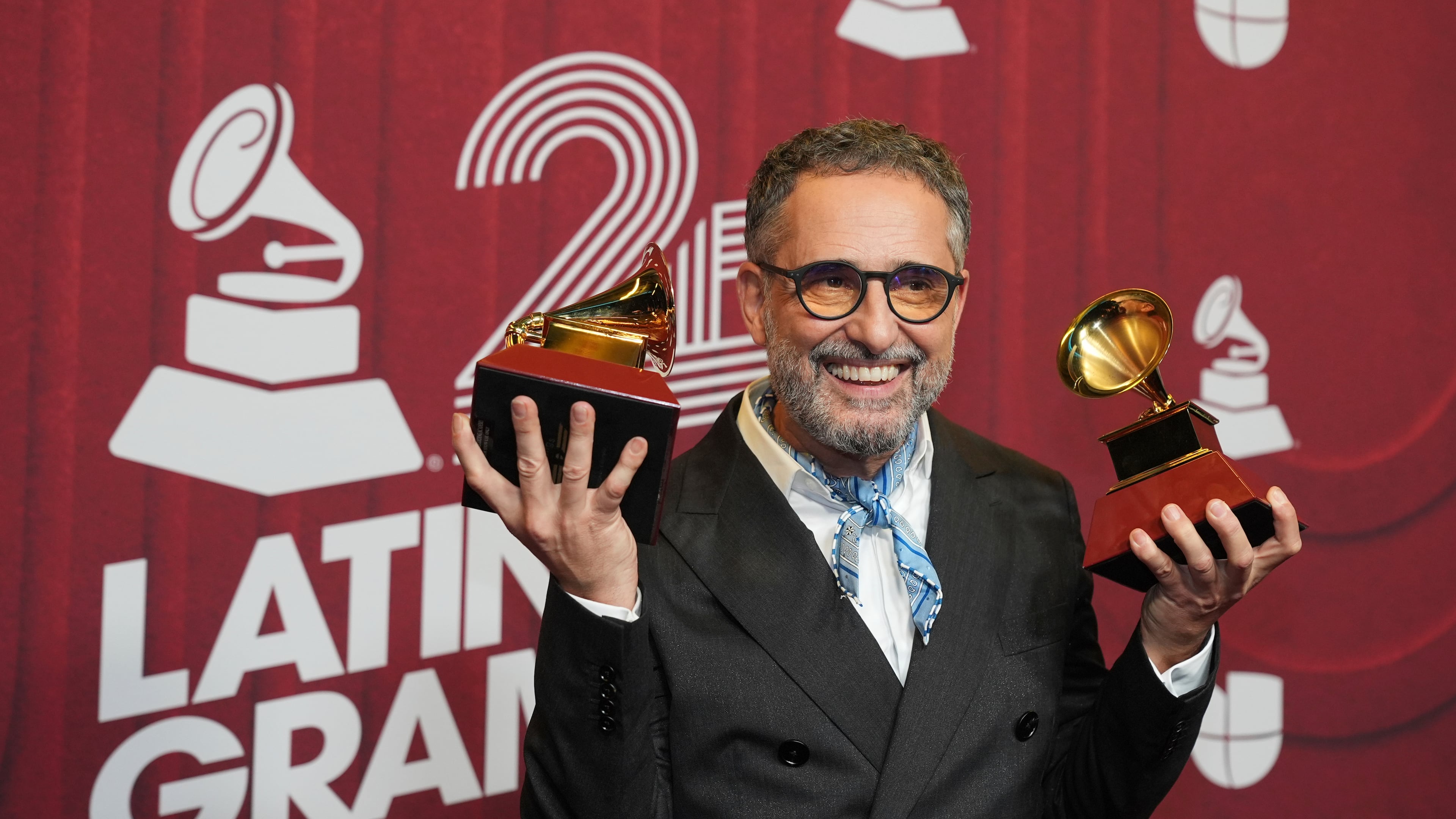 FILE - Jorge Drexler poses after winning two awards at the 25th Latin Grammy Awards ceremony on Nov. 14, 2024, in Miami. (AP Photo/Rebecca Blackwell, File)