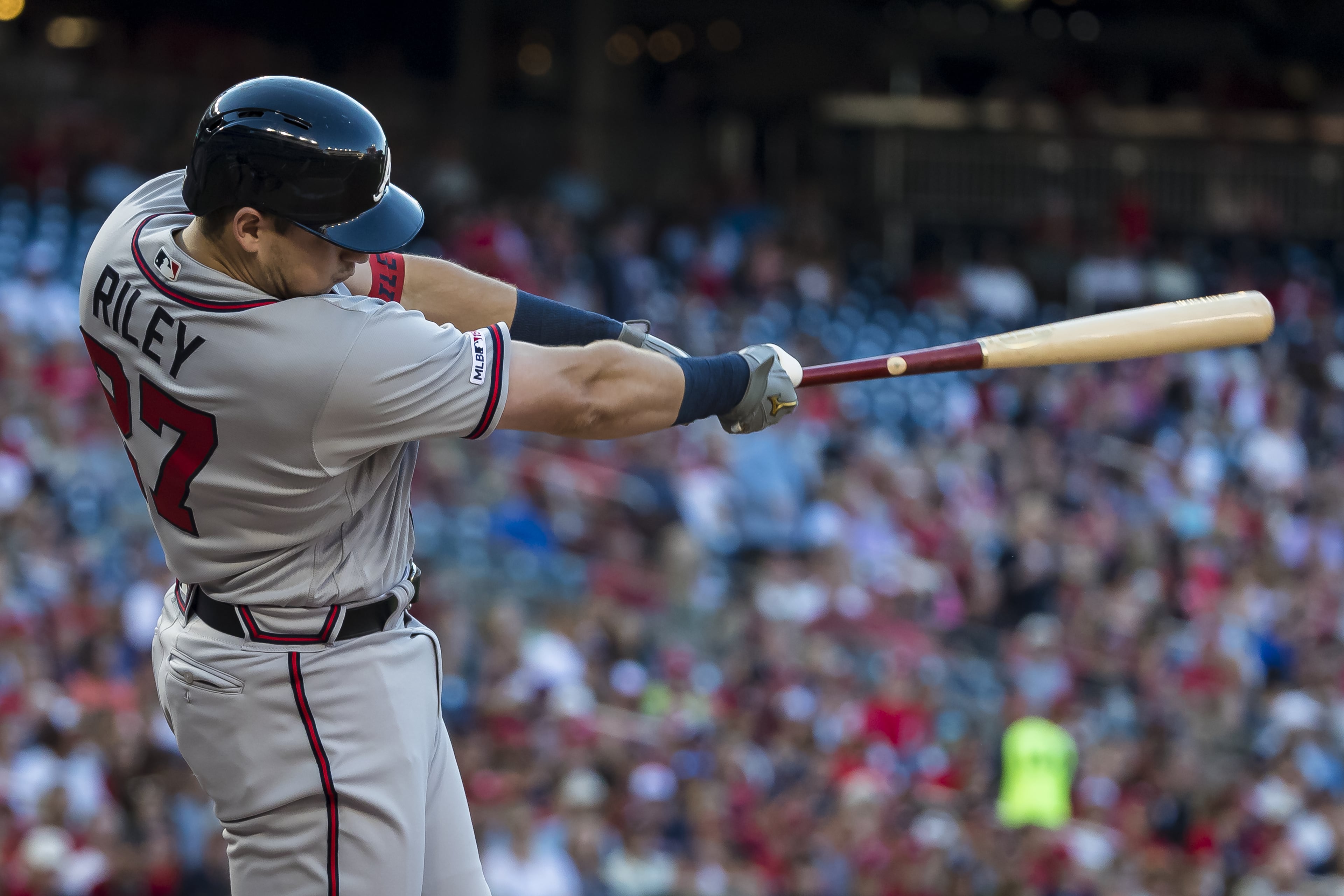 Austin Riley #27 of the Atlanta Braves hits a two-run home run against the Washington Nationals during the second inning at Nationals Park on June 21, 2019 in Washington, DC. (Photo by Scott Taetsch/Getty Images)