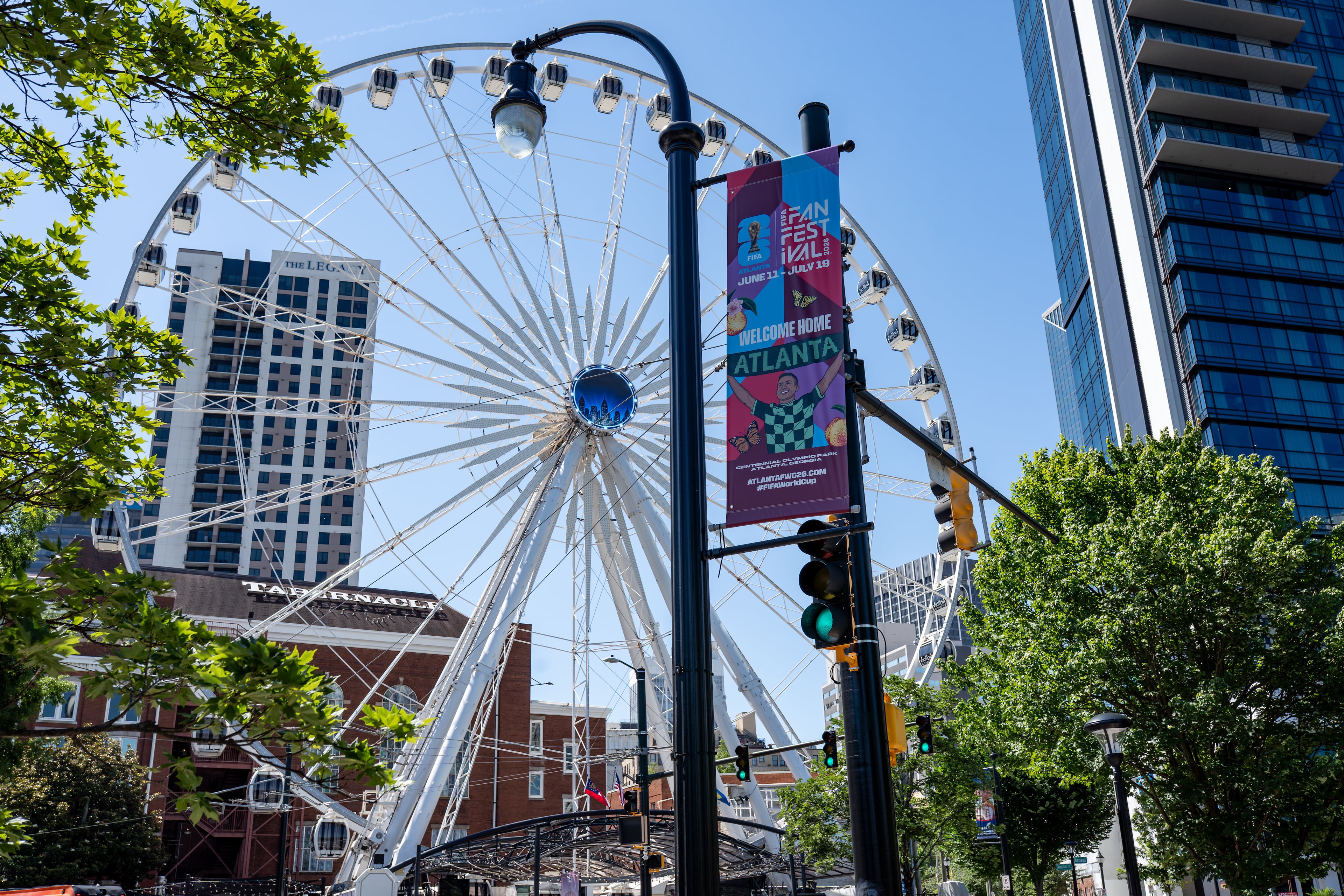 A FIFA World Cup sign hangs on a light pole in downtown Atlanta, Georgia, on Thursday, June 4, 2026. (Ben Hendren for the AJC)