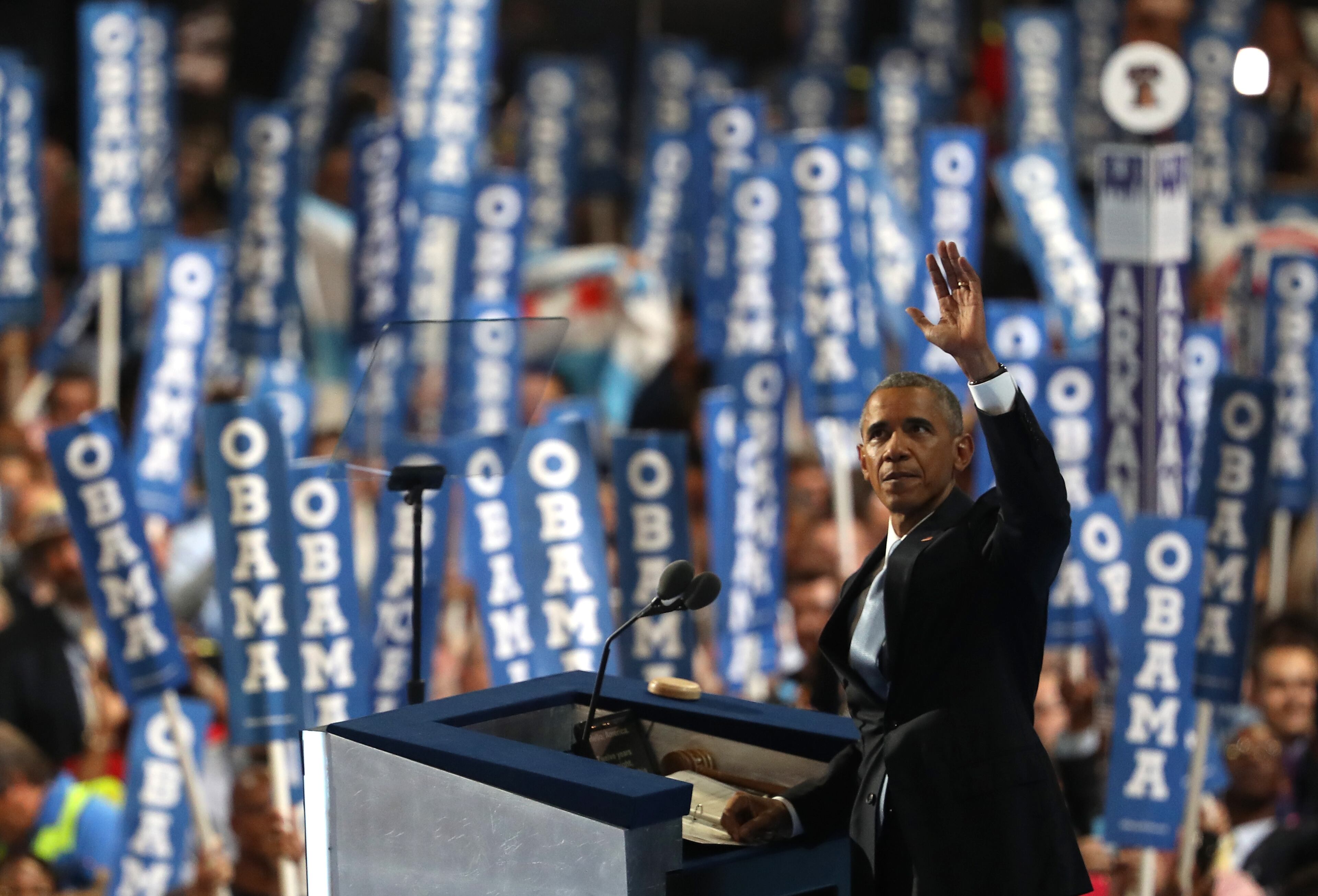 President Barack Obama acknowledges the crowd on the third day of the Democratic National Convention at the Wells Fargo Center, July 27, 2016 in Philadelphia, Pennsylvania. The four-day Democratic National Convention kicked off July 25. (Photo by Justin Sullivan/Getty Images)