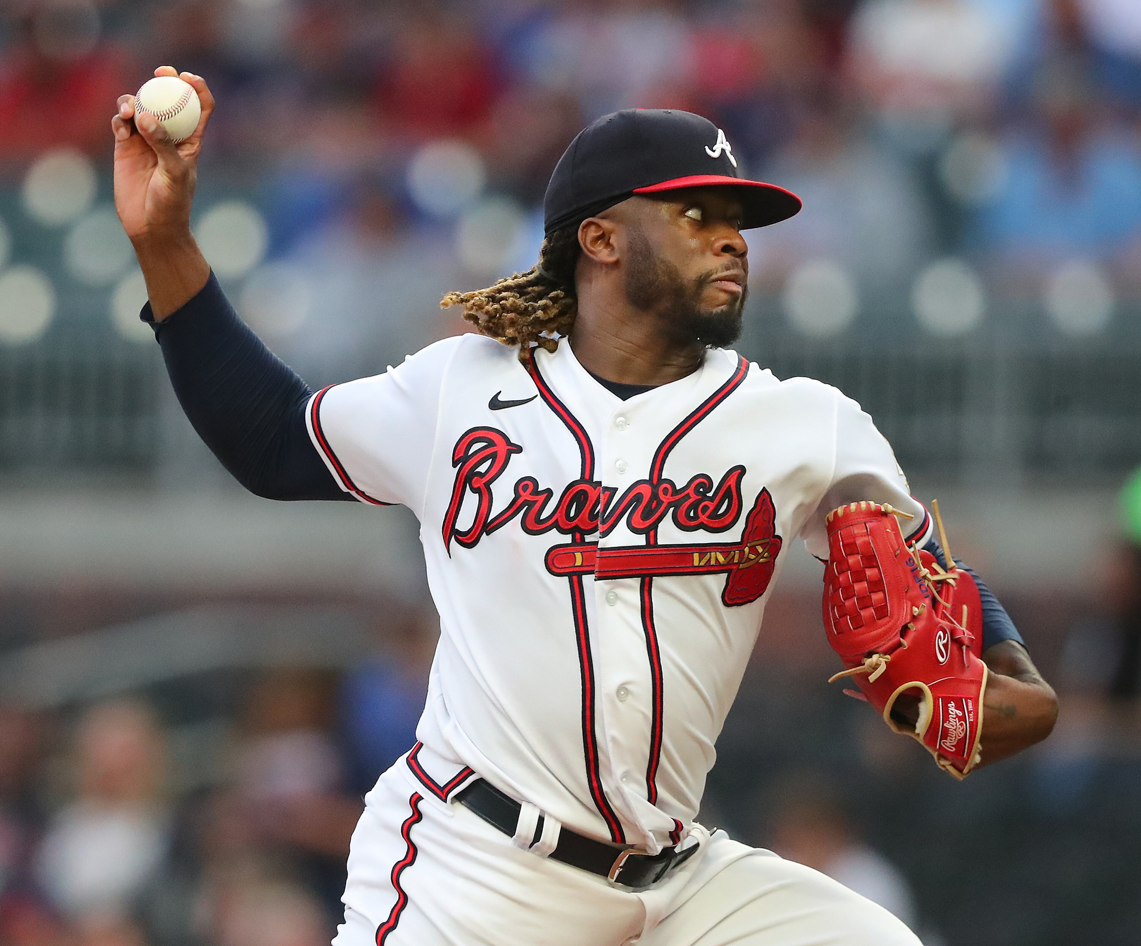 Braves starting pitcher Touki Toussaint delivers against the Washington Nationals. “Curtis Compton / Curtis.Compton@ajc.com”