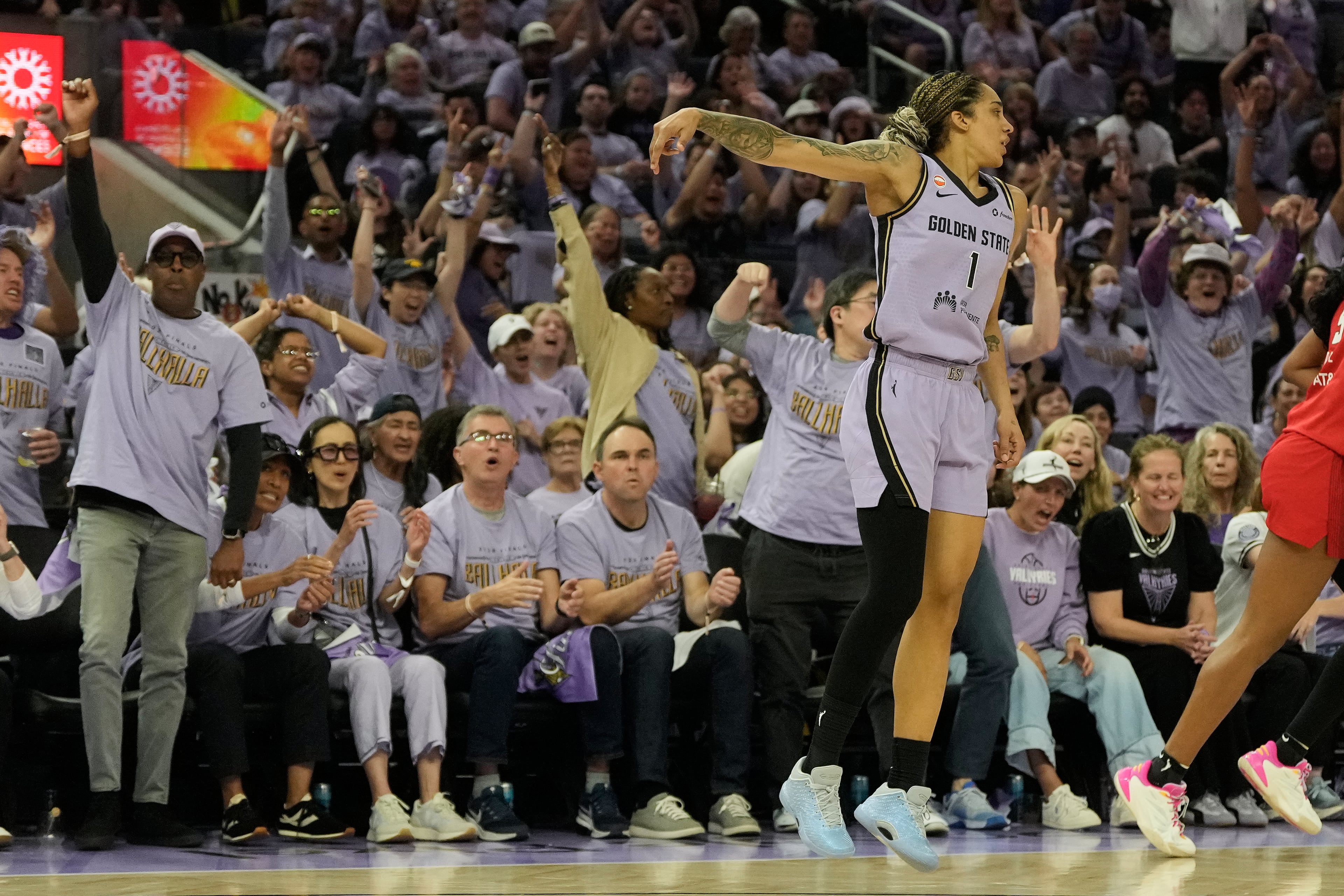 Fans cheer after Golden State Valkyries forward Gabby Williams (right) scored against the Atlanta Dream during the first half of Game 1 of the WNBA basketball finals, Saturday, Oct. 17, 2026, in San Francisco. (Jeff Chiu/AP)