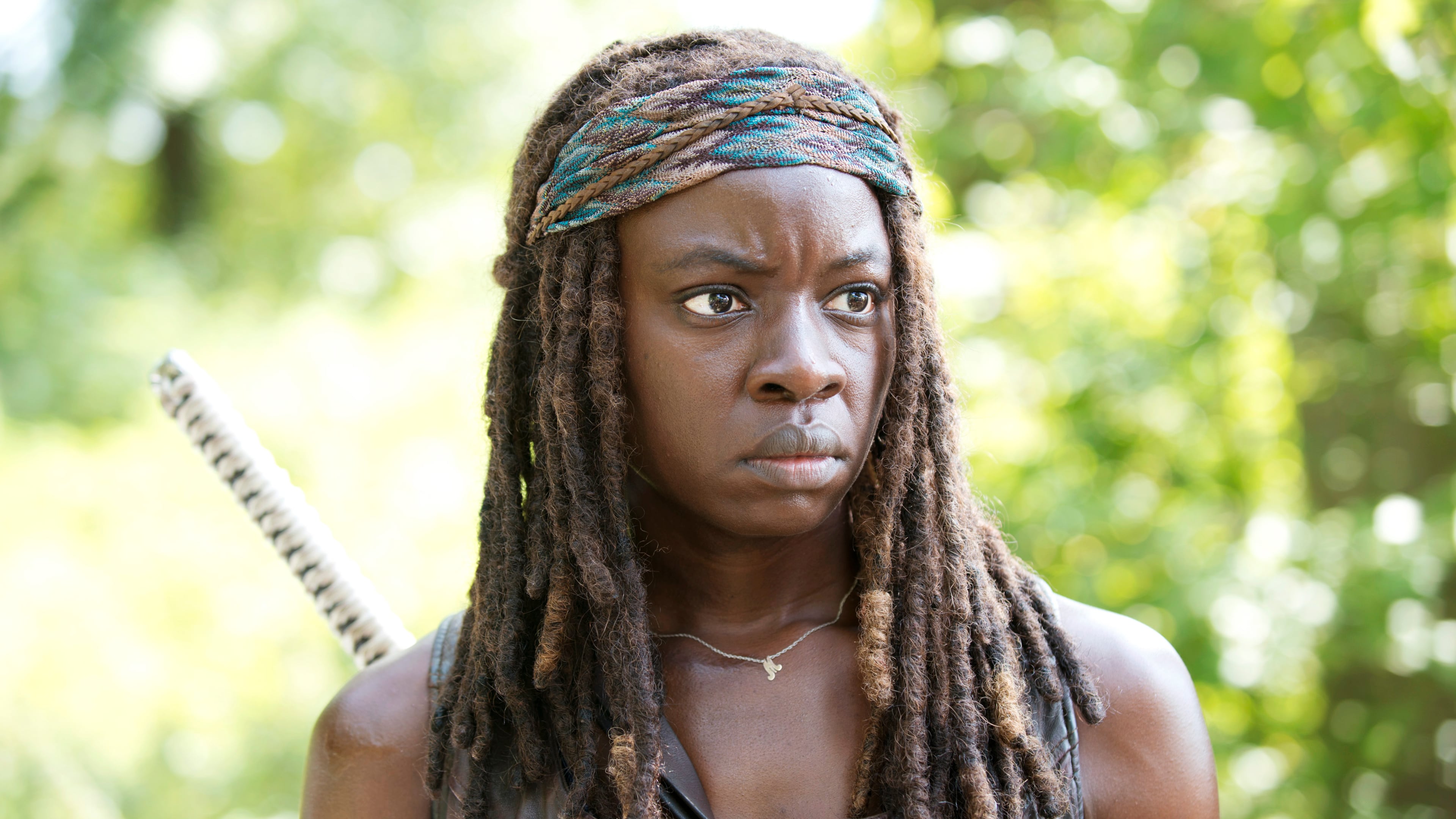 Danai Gurira as Michonne - The Walking Dead _ Season 5, Episode 9 - Photo Credit: Gene Page/AMC Danai Gurira as Michonne, who has a firm opinion on what they should do next - The Walking Dead _ Season 5, Episode 9 - Photo Credit: Gene Page/AMC