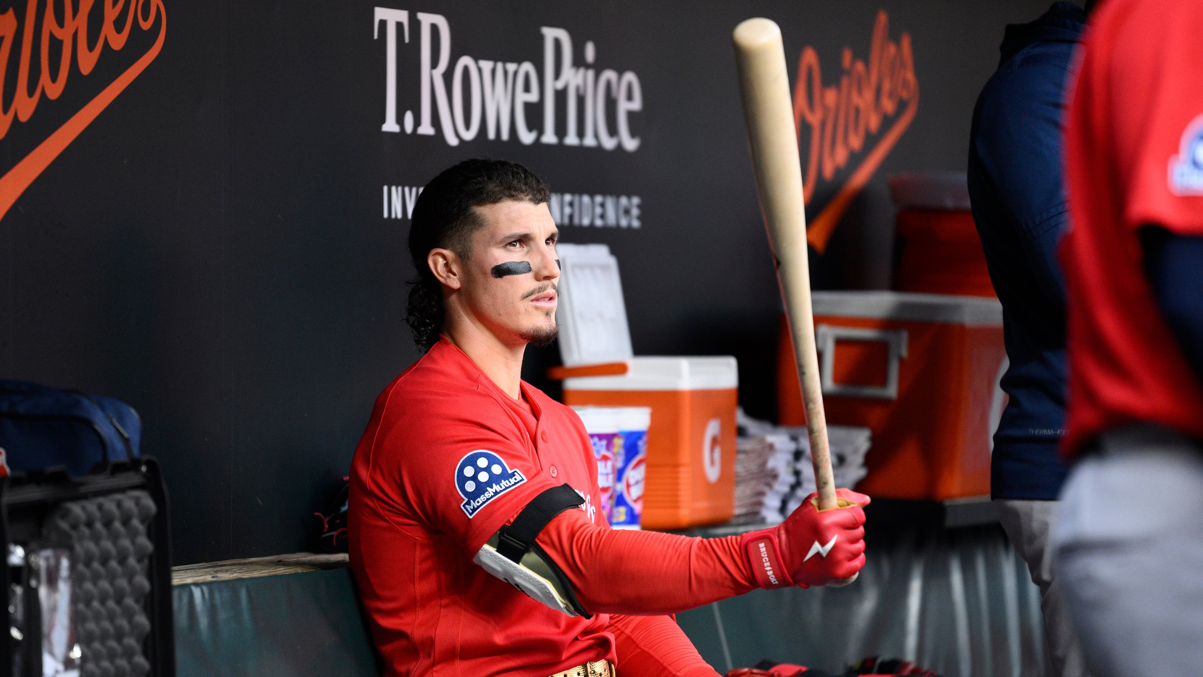 Boston Red Sox left fielder Jarren Duran sits in the dugout before a baseball game against the Baltimore Orioles, Friday, April 24, 2026, in Baltimore. (AP Photo/Nick Wass)