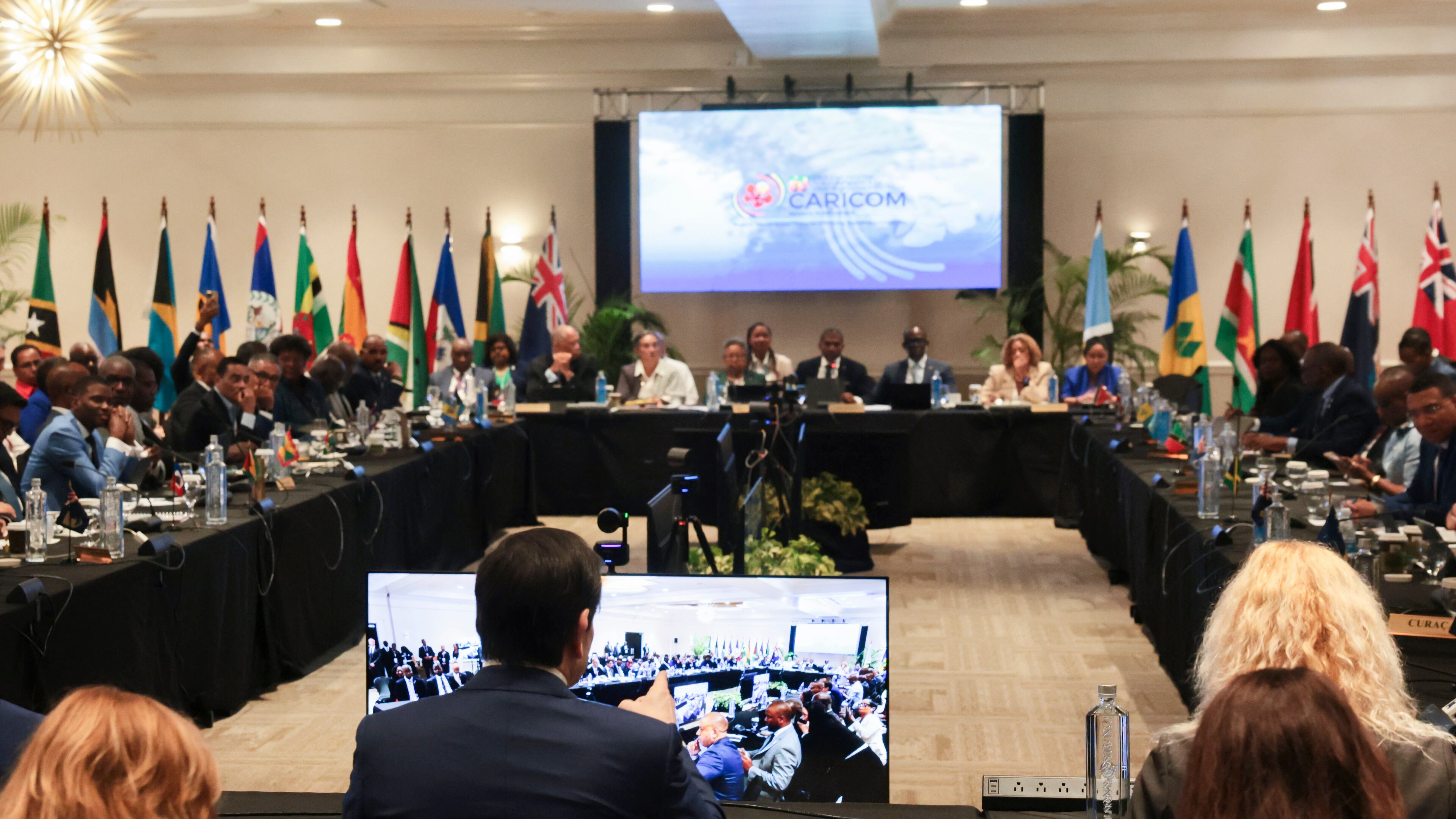 U.S. Secretary of State Marco Rubio, front center, attends the Caribbean Community (CARICOM) plenary session in Basseterre, Saint Kitts and Nevis, Wednesday, Feb. 25, 2026. (Jonathan Ernst/Pool photo via AP)