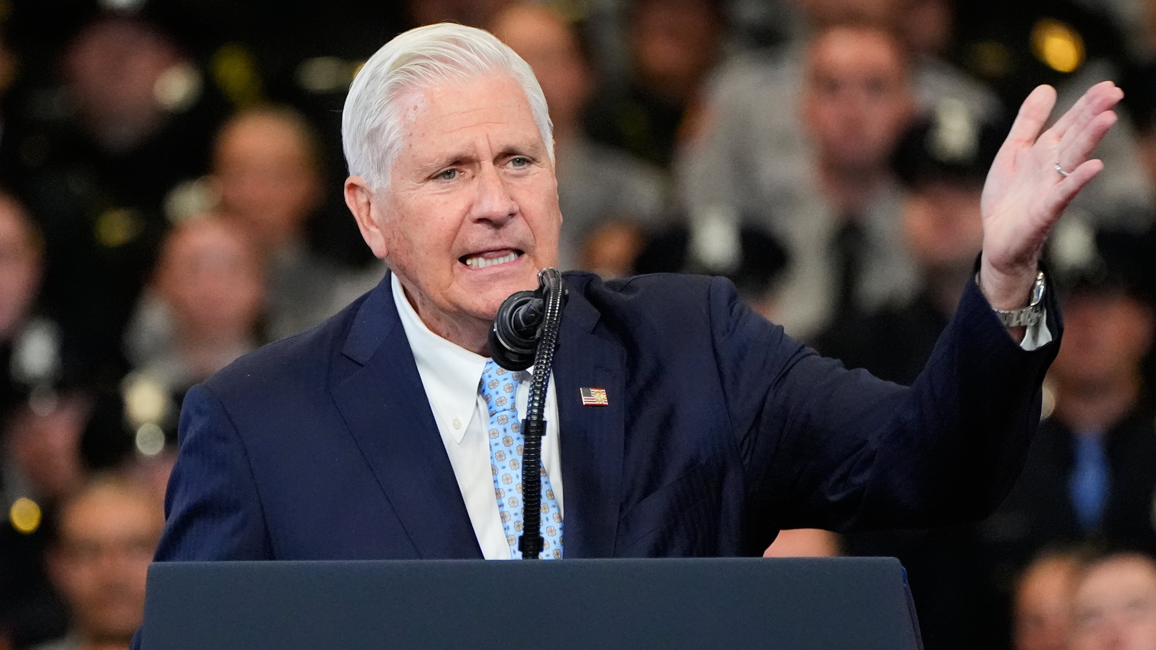 FILE - Bruce Blakeman, executive of Nassau County and Republican gubernatorial candidate for New York, speaks before President Donald Trump, Aug. 14, 2026, in Garden City, N.Y. (AP Photo/Yuki Iwamura, File)