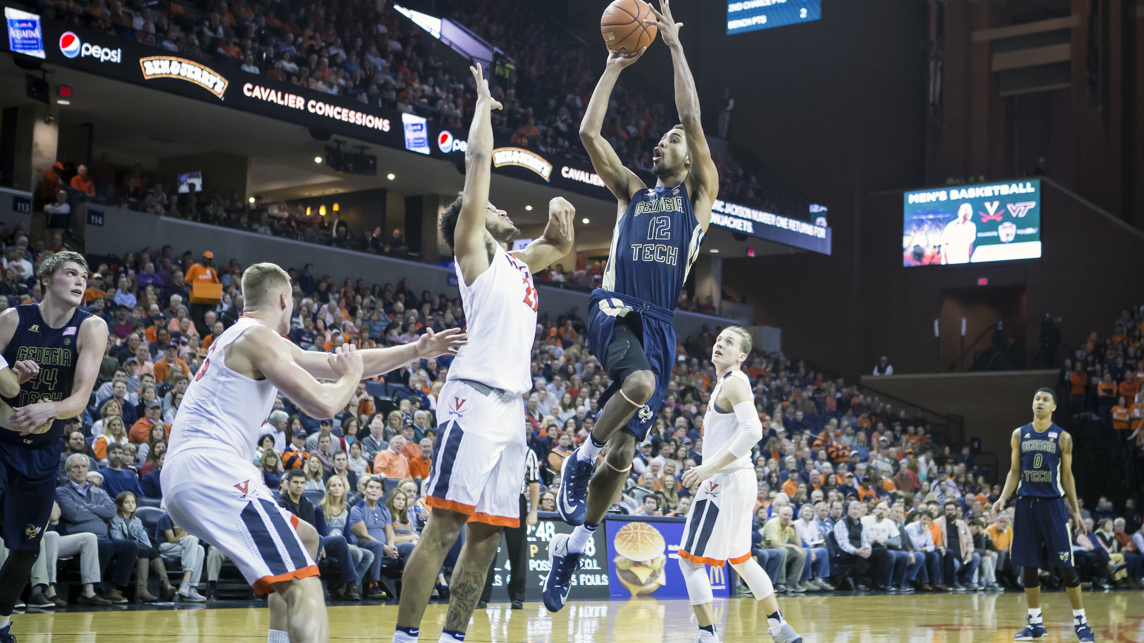 Quinton Stephens #12 of the Georgia Tech Yellow Jackets shoots a jump shot during Georgia Tech’s game against the Virginia Cavaliers at John Paul Jones Arena on January 21, 2017 in Charlottesville, Virginia. (Photo by Chet Strange/Getty Images)