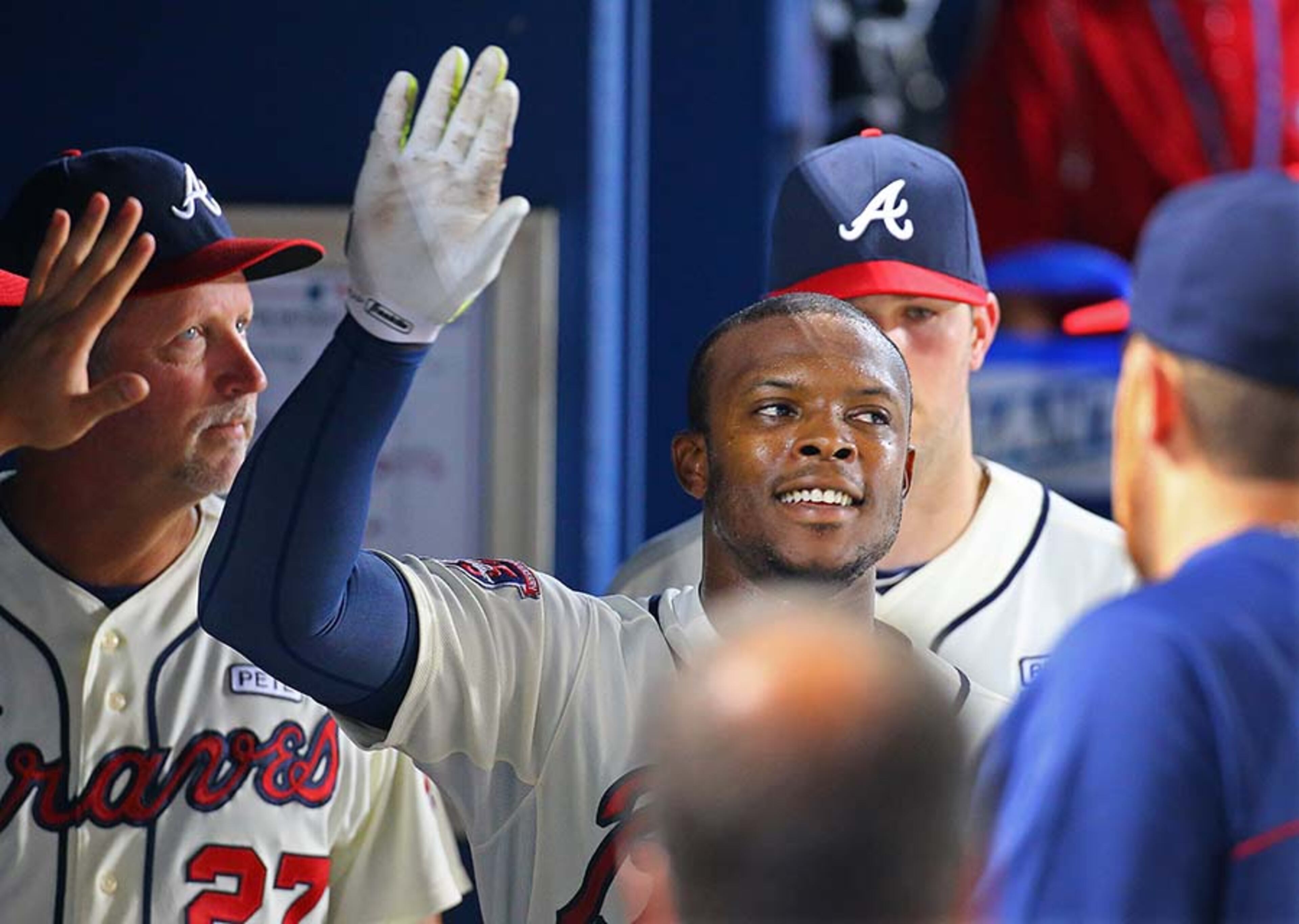 Braves outfielder Justin Upton celebrates his 1,000th career hit, a game-tying solo homer against the Nationals in the fourth inning Sunday, Aug. 10, 2014, at Turner Field in Atlanta.