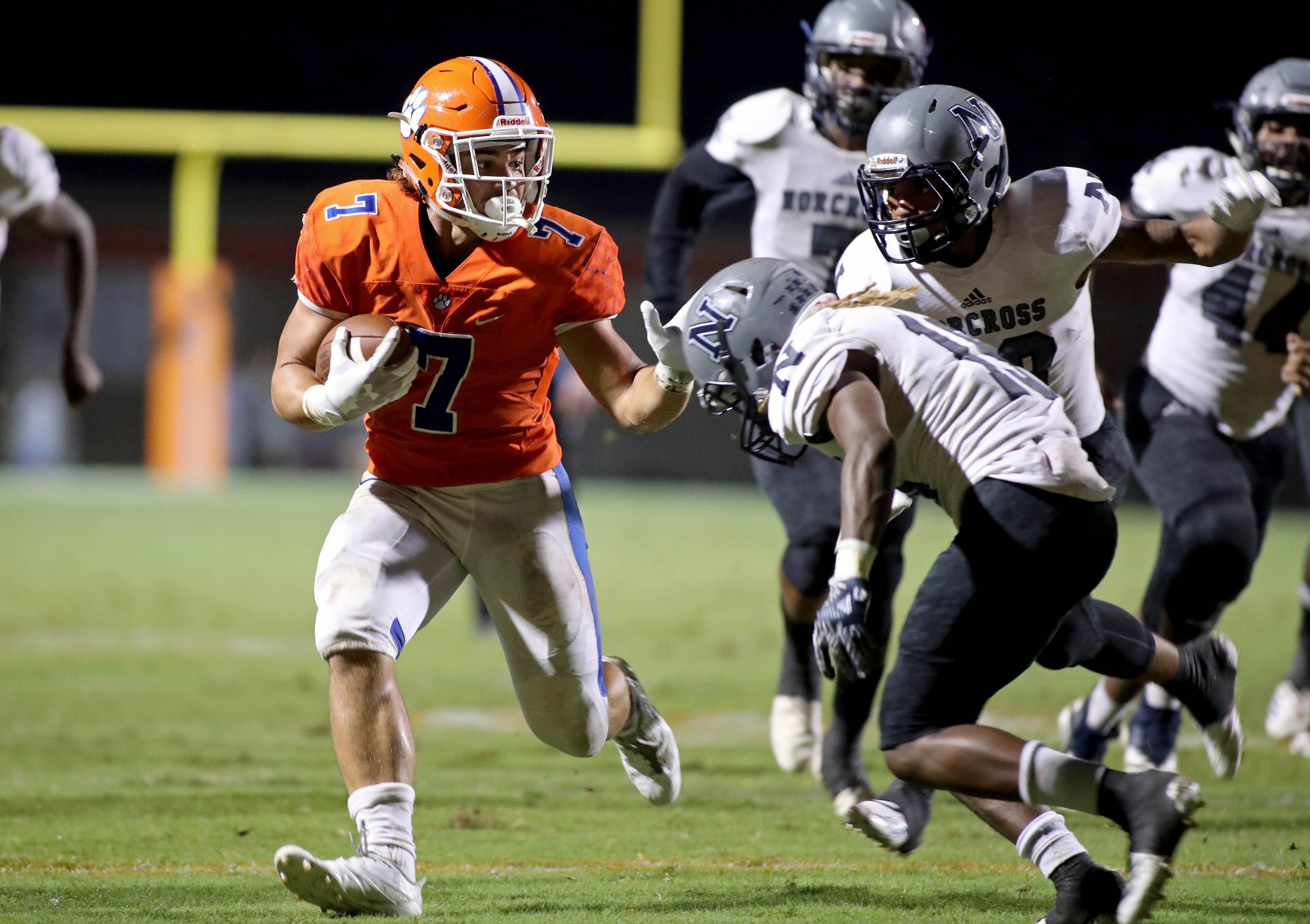 September 28, 2018- Lilburn, Ga: Parkview running back Cody Brown (7) runs against Norcross in the second half Friday September 28, 2018, in Lilburn, Ga. Parkview won 28-0. PHOTO / JASON GETZ