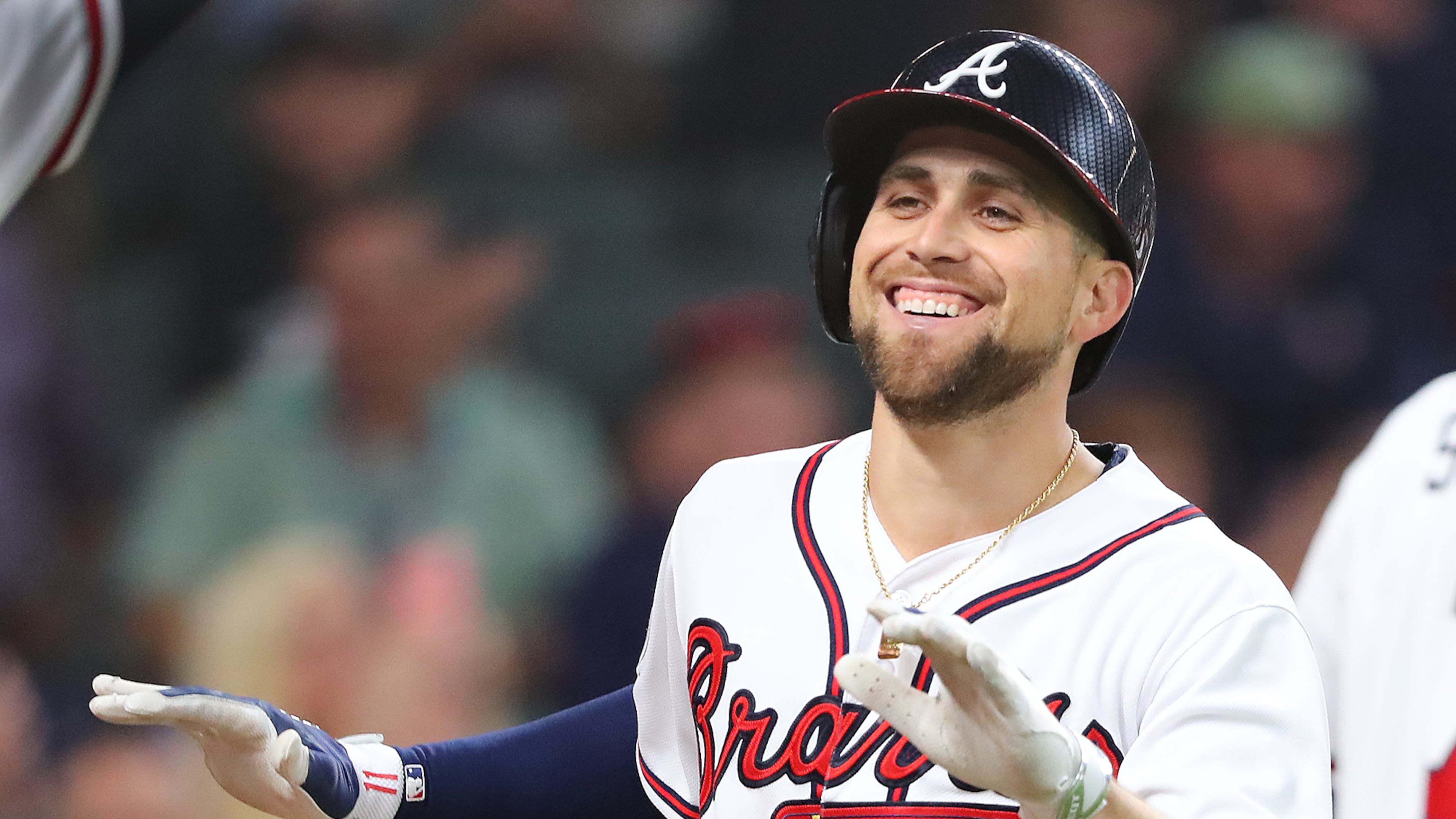 April 14, 2017, Atlanta: Atlanta Braves Ender Inciarte celebrates hitting the first home run in SunTrust Park for a 5-2 lead over the Padres during the sixth inning in the Braves home opener on Friday, April 14, 2017, in Atlanta. Curtis Compton/ccompton@ajc.com