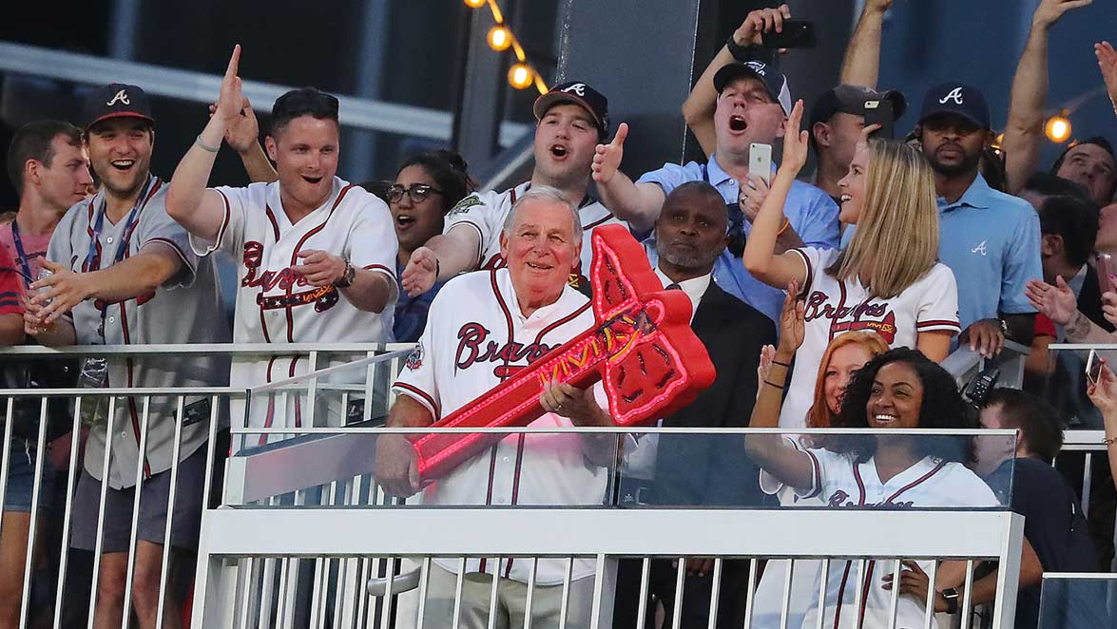 Former Braves manager and MLB Hall of Famer Bobby Cox leads the first chop from the Chop House during the Braves home opener against the Padres at SunTrust Park on Friday, April 14, 2017.