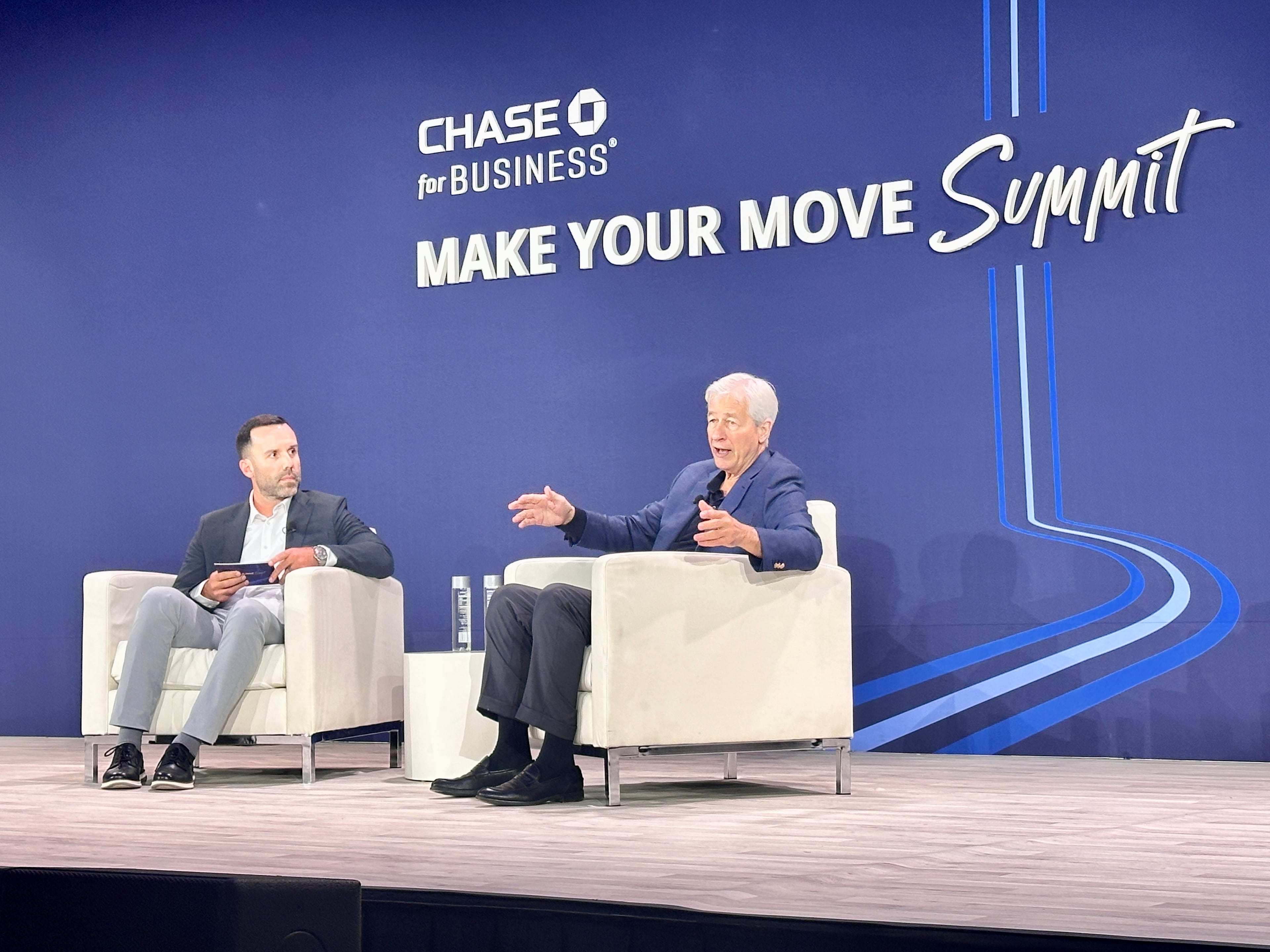 JPMorgan Chase CEO Jamie Dimon (right) during a summit the financial giant held last week at Chateau Elan. (Amy Wenk/AJC)