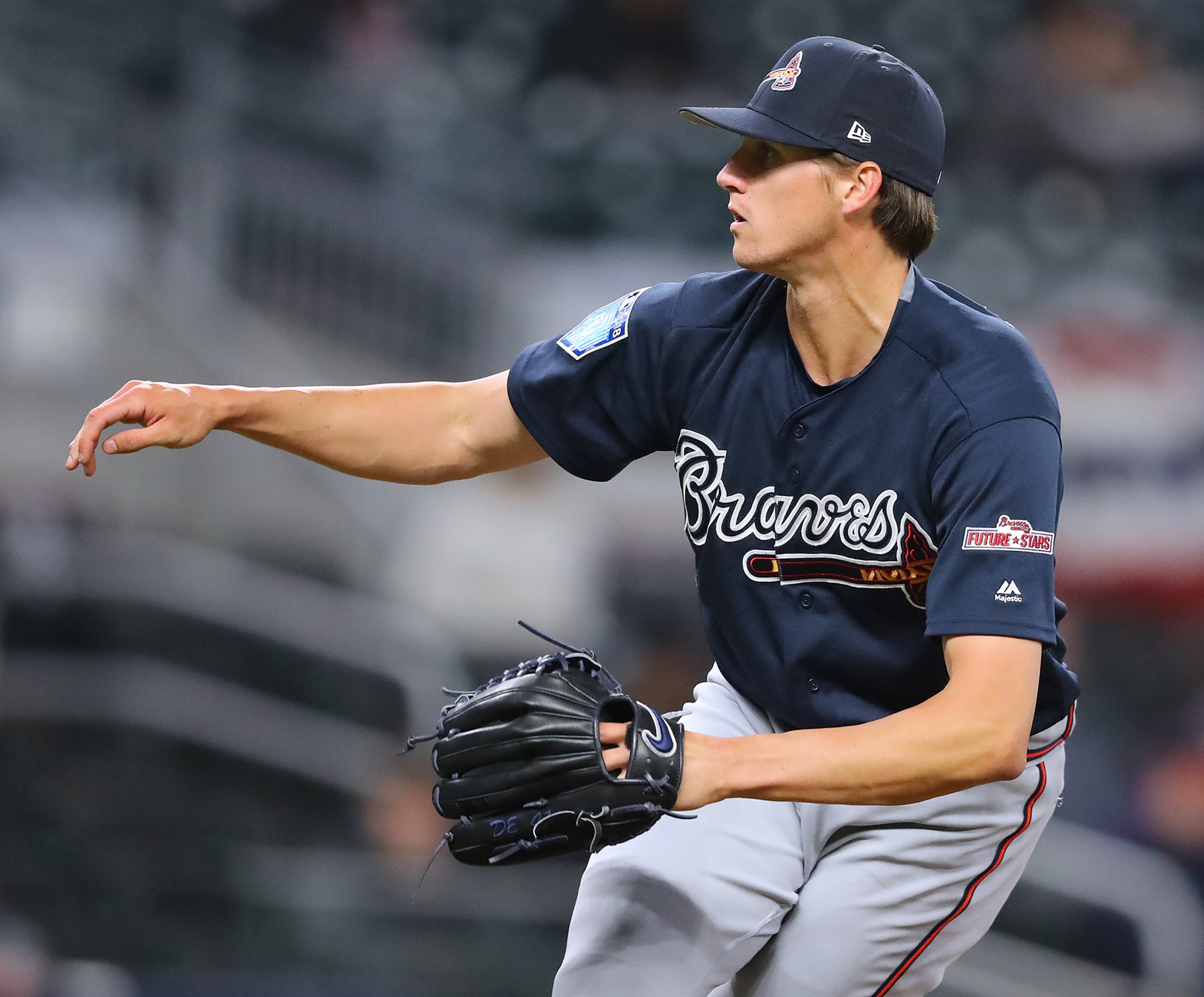March 27, 2018 Atlanta: Braves pitcher Kyle Wright delivers a pitch during the Future Stars Exhibition Game on Tuesday, March 27, 2018, at SunTrust Park in Atlanta. Curtis Compton/ccompton@ajc.com