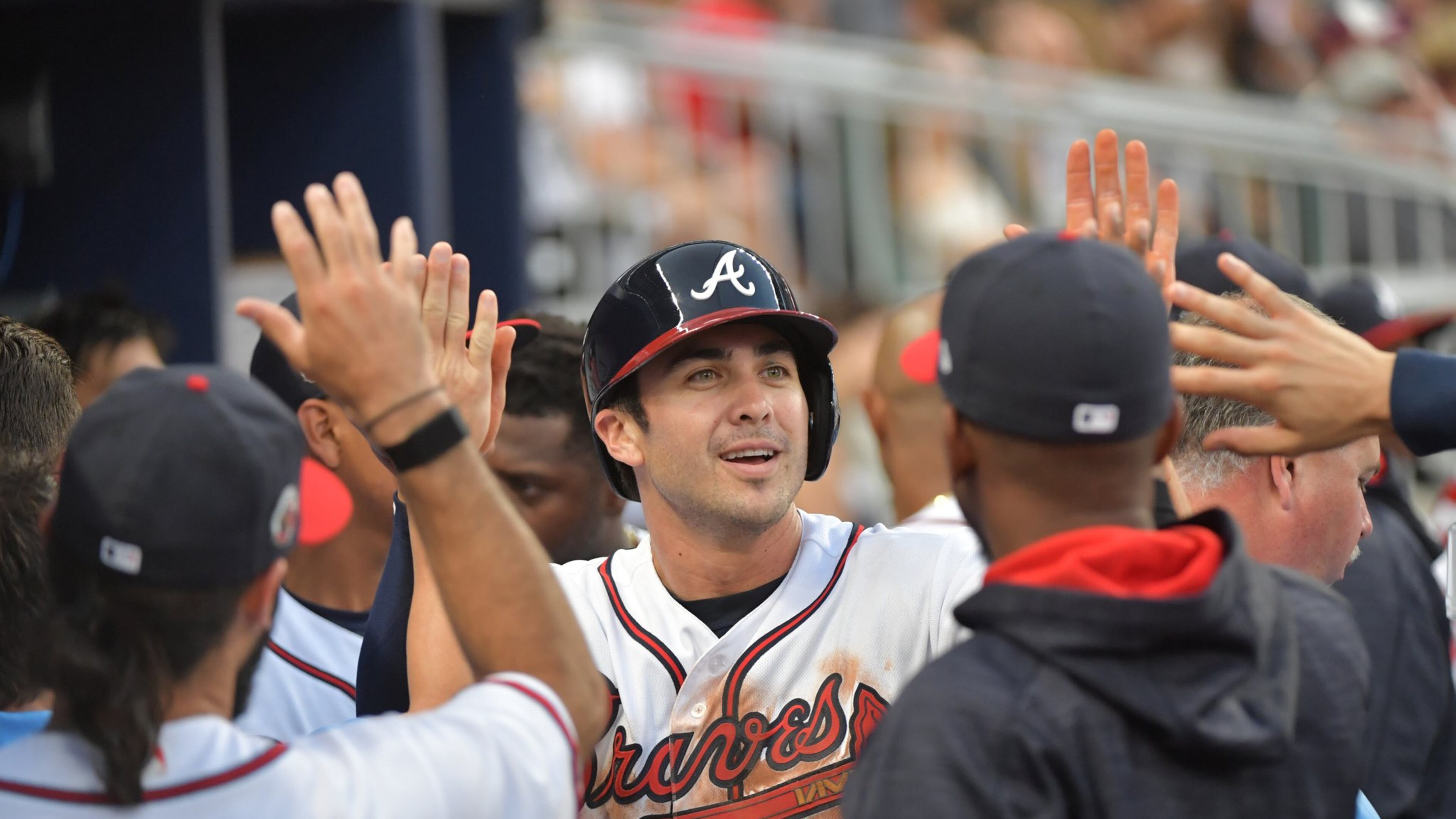 Braves utility infielder/outfielder Chase d’Arnaud (pictured) was designated for assignment Tuesday when the Braves brought outfielder Lane Adams from Triple-A Gwinnett. (HYOSUB SHIN / HSHIN@AJC.COM)