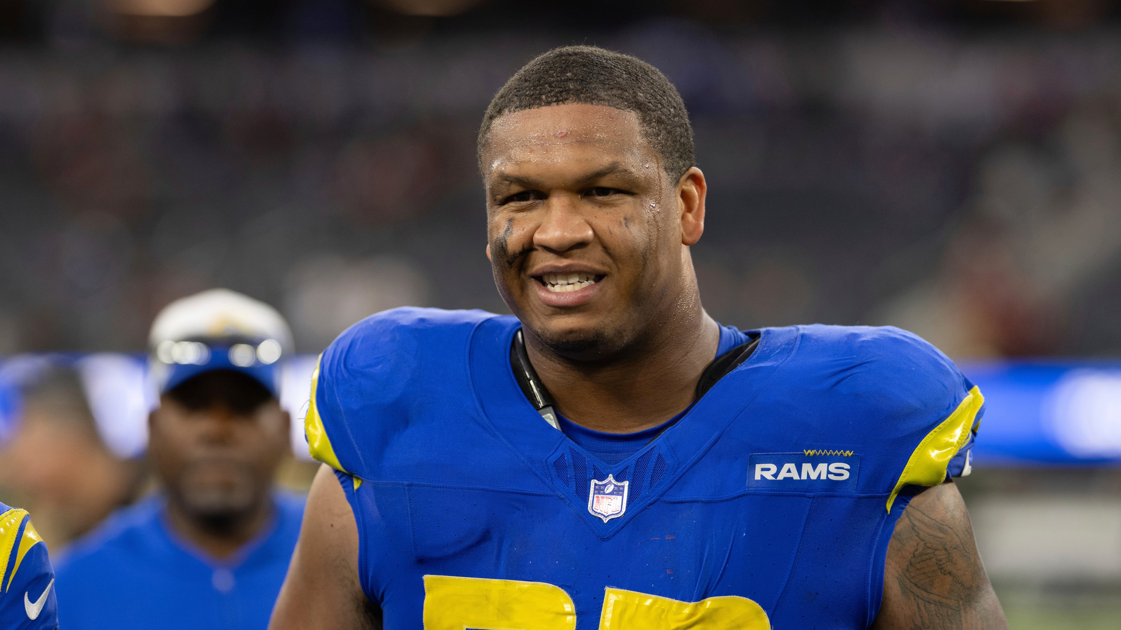 FILE - Los Angeles Rams offensive tackle Alaric Jackson (77) walks back to the locker room after an NFL football game against the Washington Commanders, Dec. 17, 2023, in Inglewood, Calif. (AP Photo/Kyusung Gong, File)